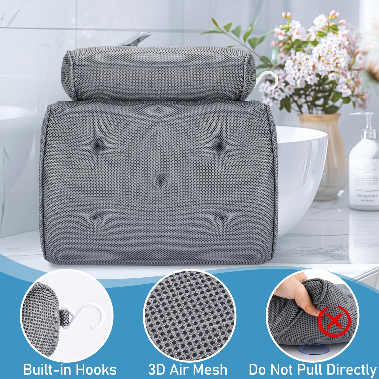 Poduszka do wanny na plecy i kark, ergonomiczna, antypoślizgowa poduszka do wanny z siatką 4D Air Mesh i 5 kubkami, do domu i spa (z rękawicami kąpielowymi)