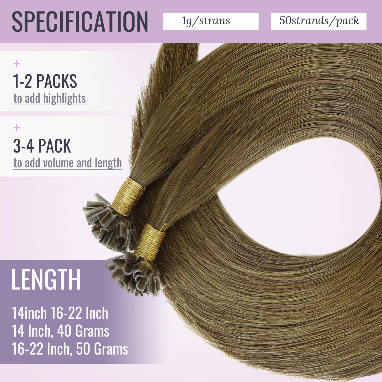 Fshine Capelli Cheratina 55CM 50g Extension Capelli Veri Castano Medio Lisci Keratin Extensions Human Hair Brazilian