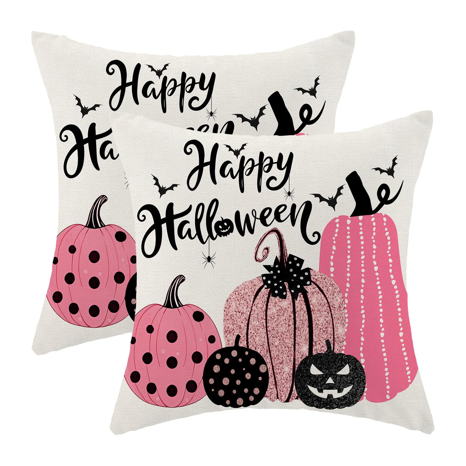Yxuiyal Halloween Pillow Covers 18x18 inches Set of 2 Pink Black Pumpkin Decorative Farmhouse Throw Pillow Covers Outdoor
