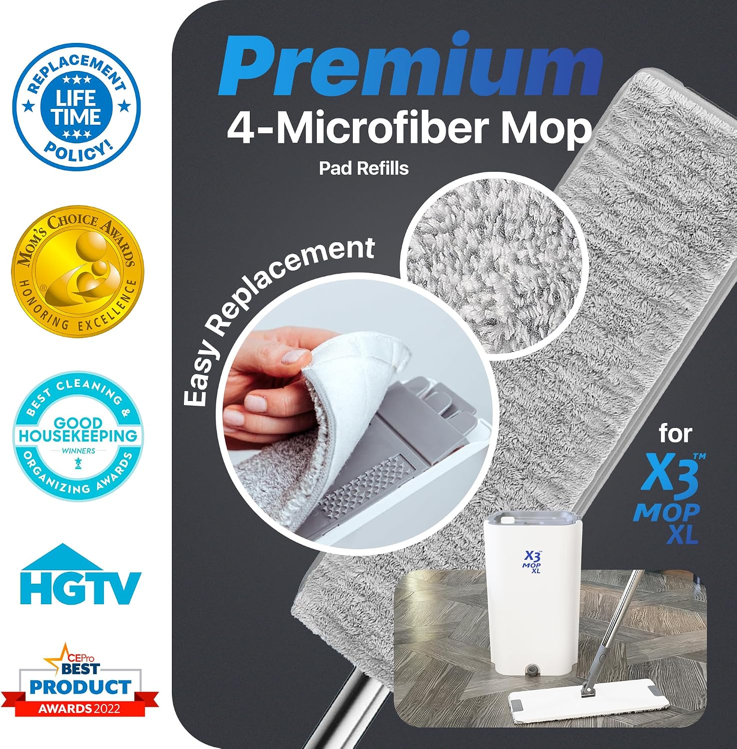 X3 Mop XL Replacement Microfiber Cleaning Pads, 4 Pack of Reusable Flat Mop Heads. (Pads fit X3 Mop XL Only) image 2
