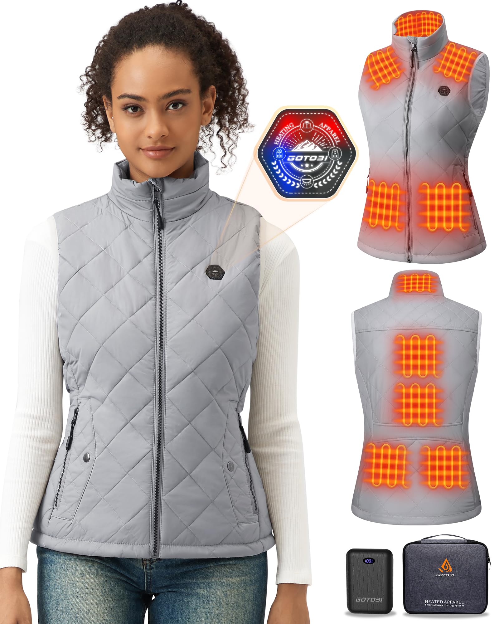 Gilet riscaldante da donna con power bank da 16000 mAh, con 9 zone di riscaldamento e 3 temperature regolabili, gilet riscaldato per attività all'aria aperta, colore: grigio, grigio., L
