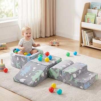مجموعة لعب Tiita Baby Climb and Crawl 5 قطع، كتلة تسلق رغوة للأطفال مع حفرة كرة صغيرة - متسلق داخلي للعب الناعم لمتعة وقت اللعب، نجمة رمادية، ديناصور أخضر