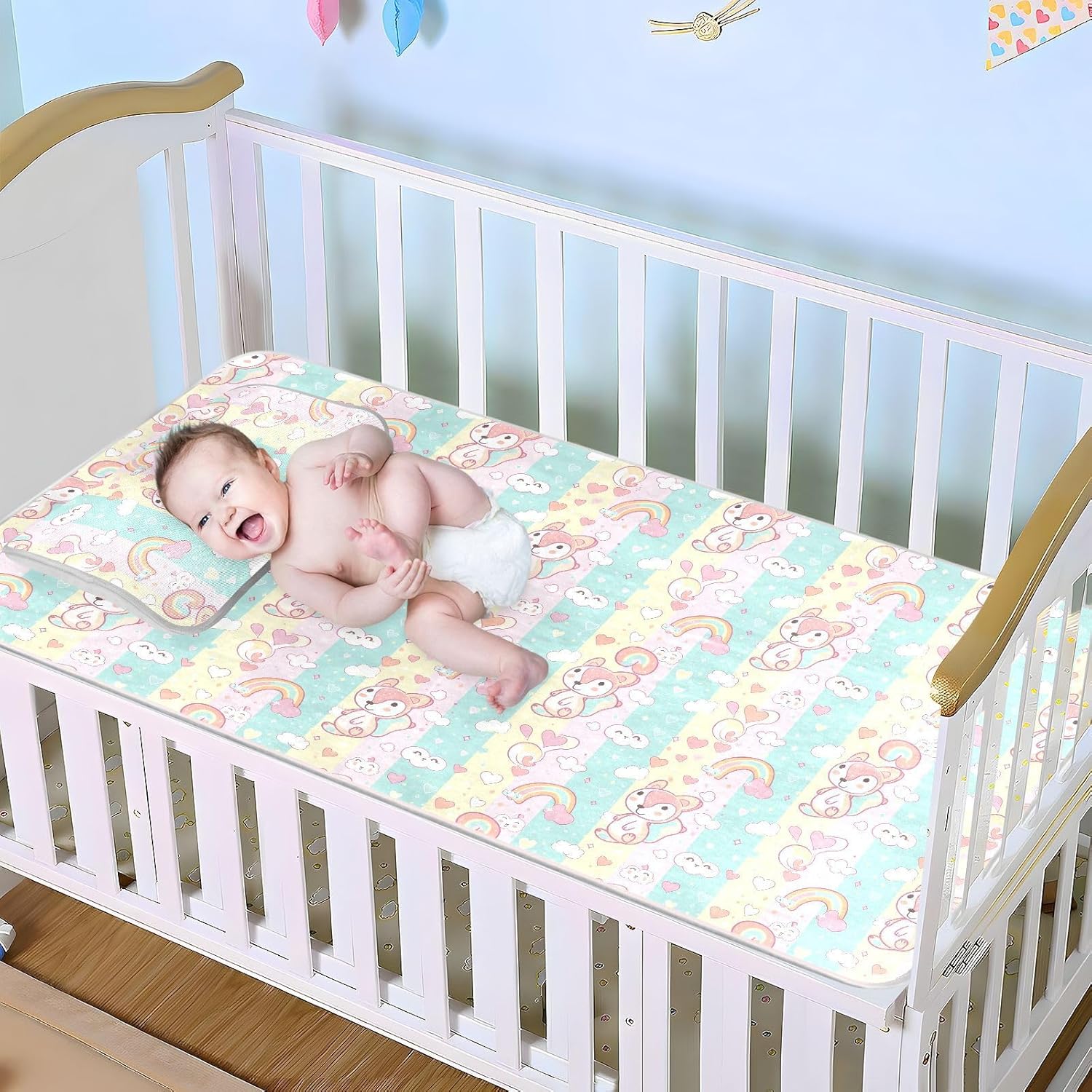Cooling Baby Crib Mattress 28" x 52" Washable Pastel Cartoon Squirrel Crib Padding for Sides for Baby&Toddler