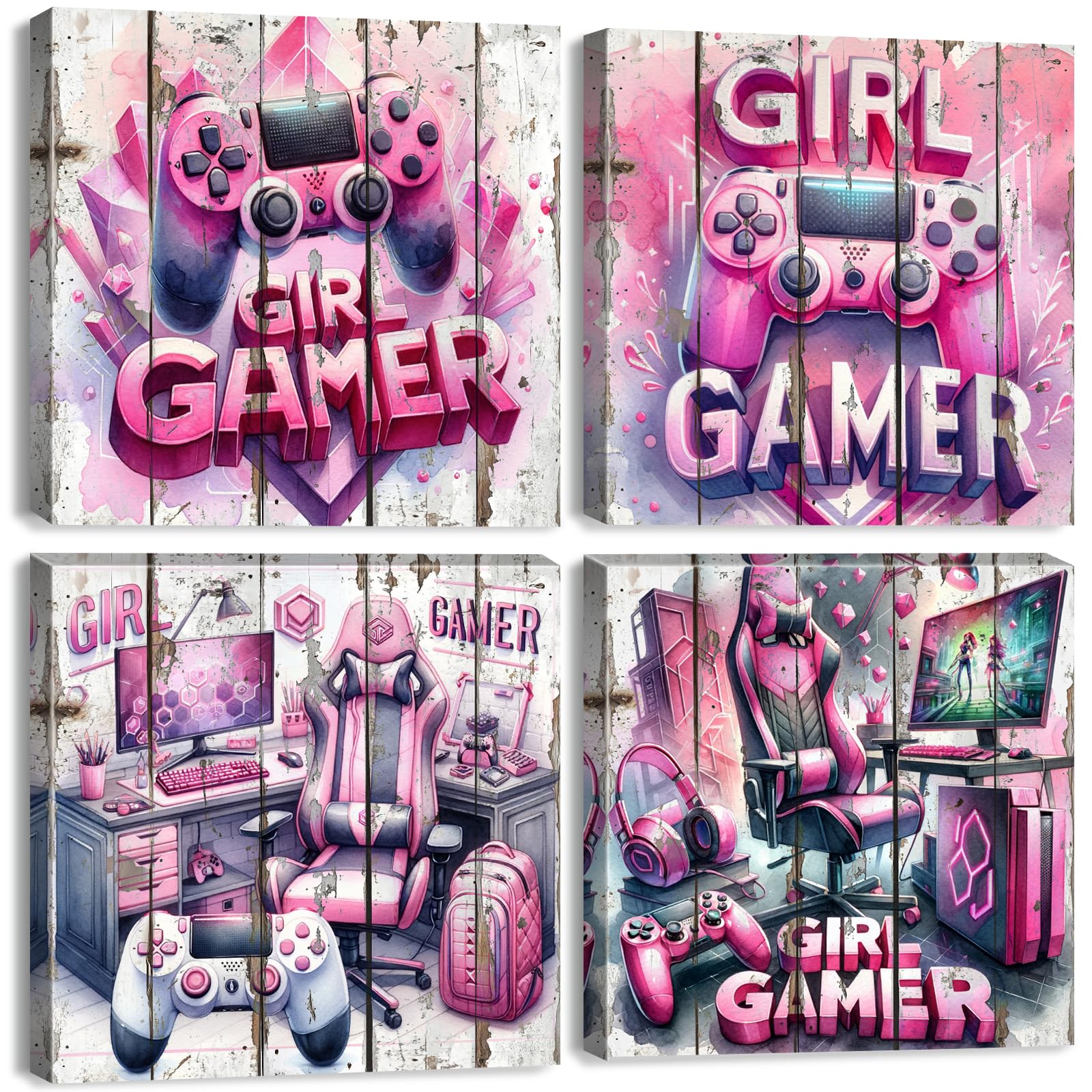 gamer room decor pink gamepad earphone art 24x24
