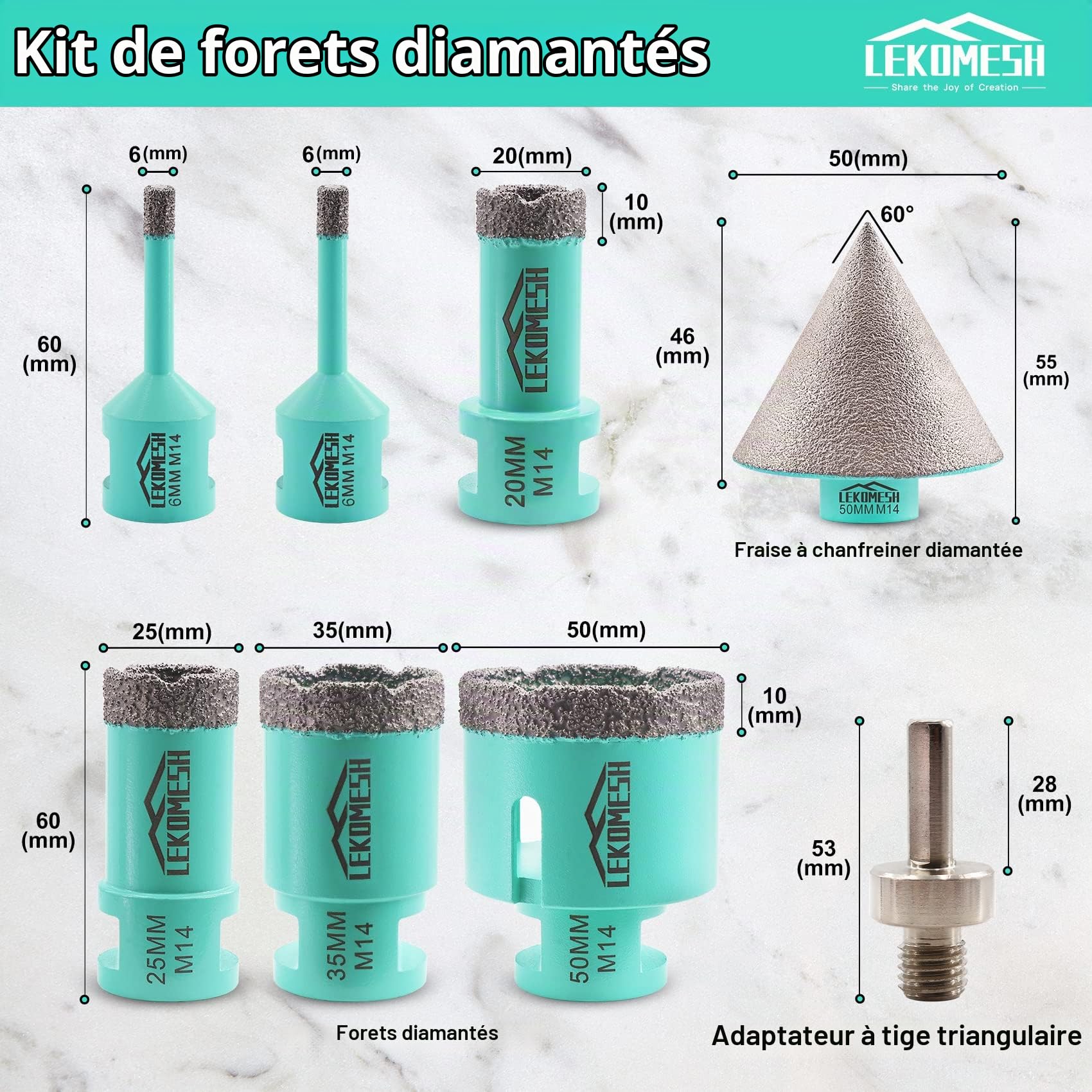 Diamant Scie Cloche Carrelage - 8pcs (6/6/20/25/35/50mm+50mm Forets Chanfreinés+Adaptateur) Trépan Diamant pour Porcelaine Céramique Carrelage Granit Marbre