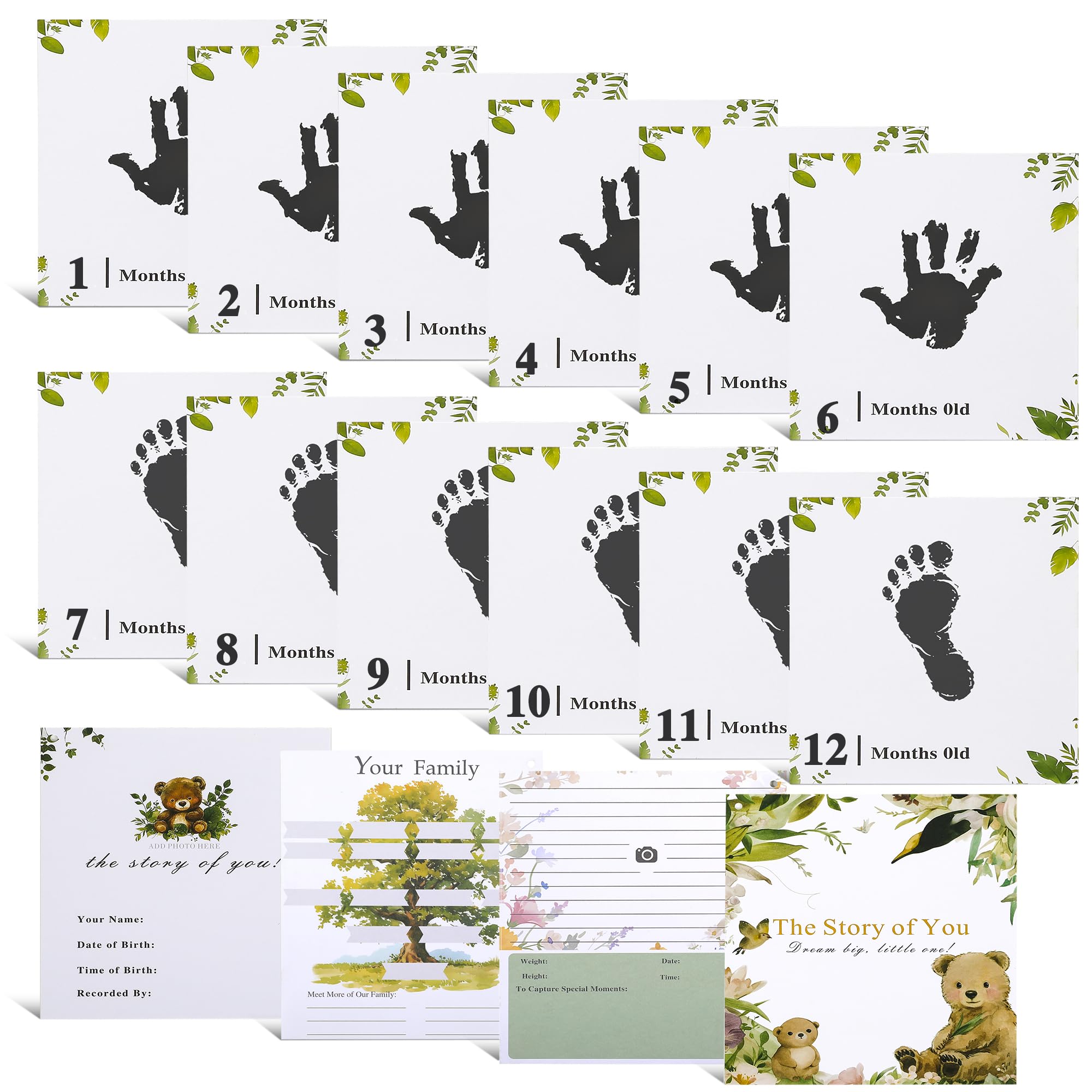Libro dei ricordi per bambini e bambine, 1-12 mesi, kit per impronte di mani e piedi del bambino, libro senza tempo per il primo anno per registrare ogni evento, regalo per mamma e genitori