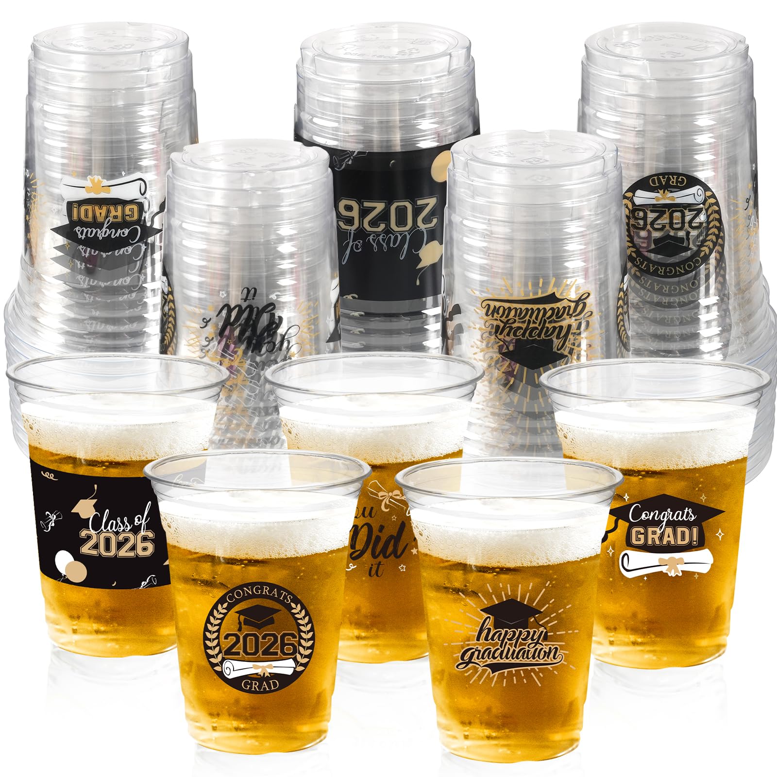 Photo 1 of 50 Pack Graduation Decorations Class of 2026, 16 Oz Black and Gold Clear Plastic Cups Disposable Party Cups for Drinks 2026 School Grad Party Favors Supplies
