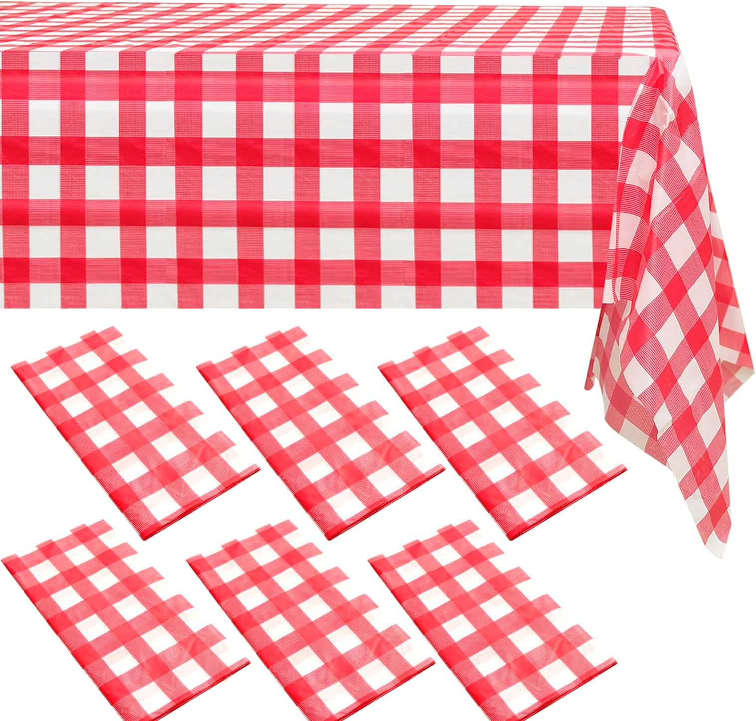 ZeriTlolen 6 Packs Red Gingham Checkered Table Cloth Party 54x108 inch Plastic isposable Cover White Tablecloth Clothes for Parties BBQ Picnic Birthday Wedding