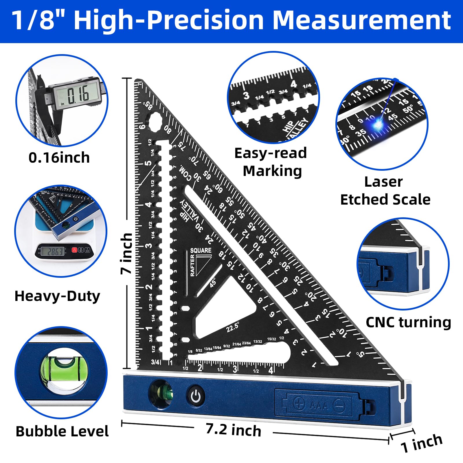 Viga cuadrada de 7 pulgadas con vial de nivel iluminado, regla triangular de aluminio multiusos resistente con lápiz de carpintero para carpintería y bricolaje en el hogar