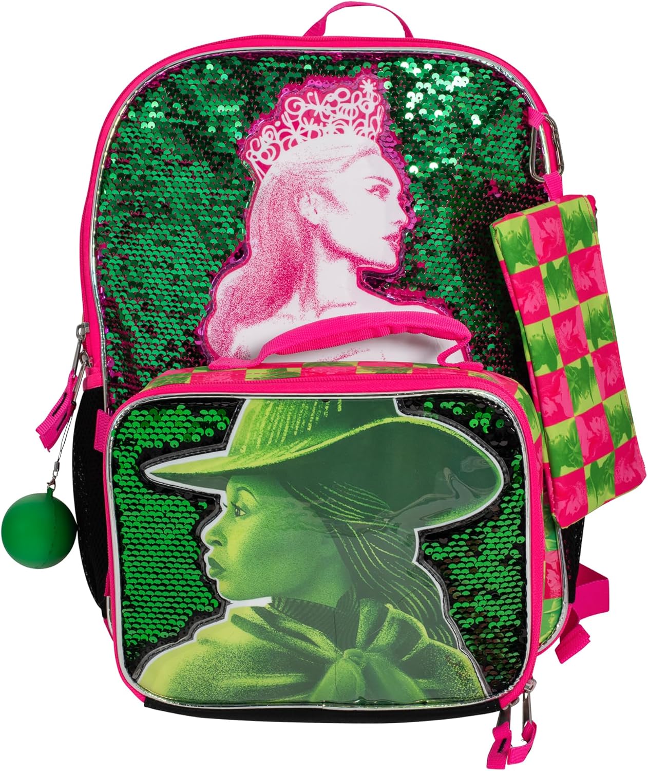 AI ACCESSORY INNOVATIONS Wicked 5 Piece Backpack Set, Galinda & Elphaba Flip Sequin Girls School Bag with Front Zip Pocket, 2 Side Mesh Pockets, Pink & Green - Image 3