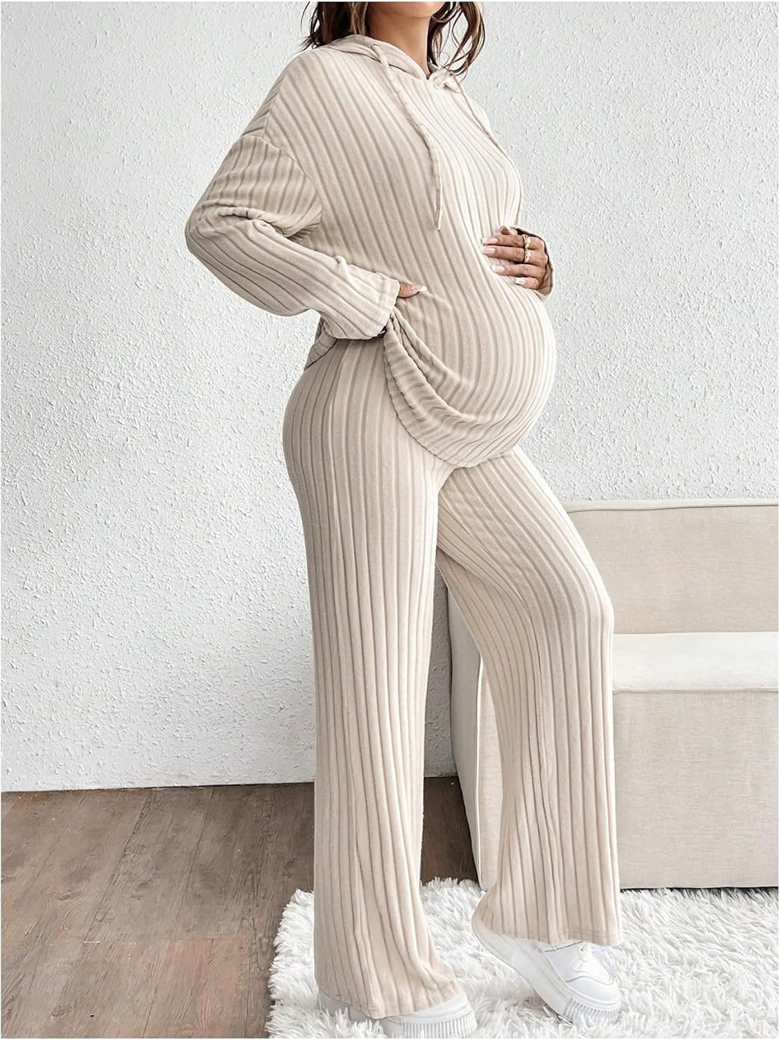 MakeMeChic Women's Maternity 2 Piece Outfits Lounge Set Ribbed Knit Long Sleeve Hoodie and Pants Pregnancy Set - Image 3