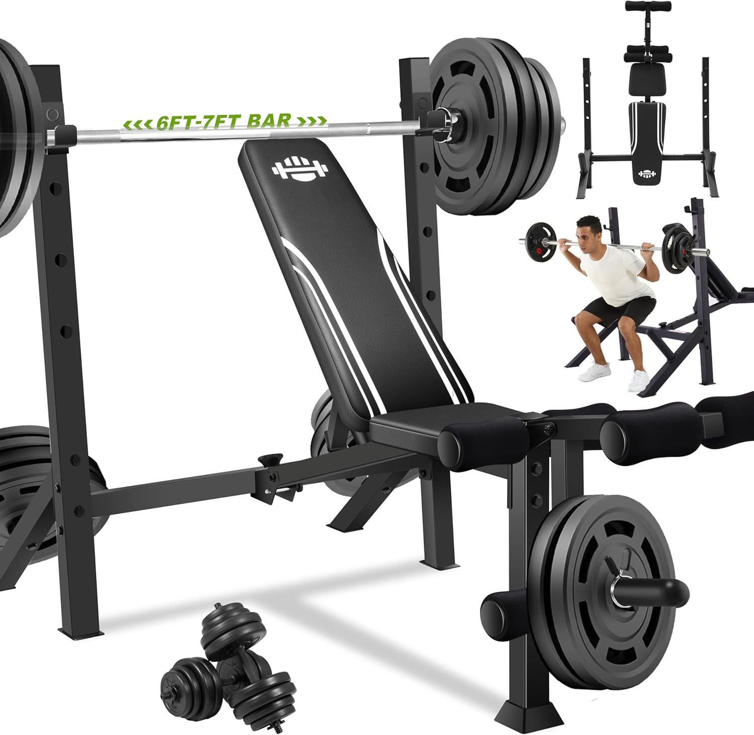 ANCHEER 900LBS Olympic Weight Bench Set with Squat Rack Adjustable Bench Press Bench with Leg Extension & Leg Curl, Incline Decline Flat Foldable Workout Bench for Home Gym(US Stock)