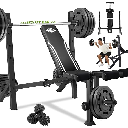 ANCHEER 900LBS Olympic Weight Bench Set with Squat Rack Adjustable Bench Press Bench with Leg Extension & Leg Curl, Incline Decline Flat Foldable Workout Bench for Home Gym(US Stock)