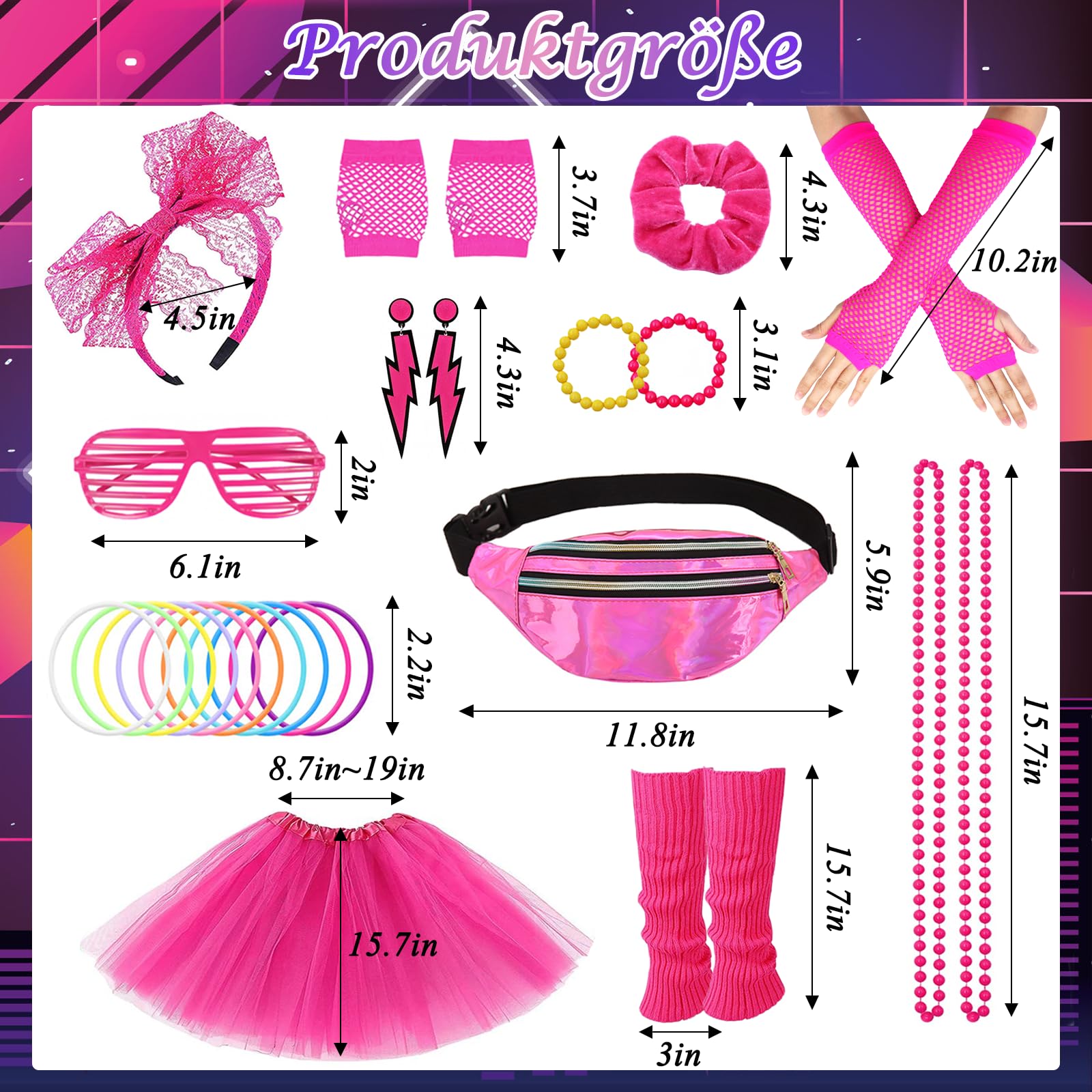 Grantop Zestaw 28 damskich strojów w stylu lat 80-tych XX wieku, w stylu lat 80., t-shirt, tutu, torba na brzuch, kolczyki, rękawice siatkowe, akcesoria na imprezę w stylu retro 80., kostium lat 80