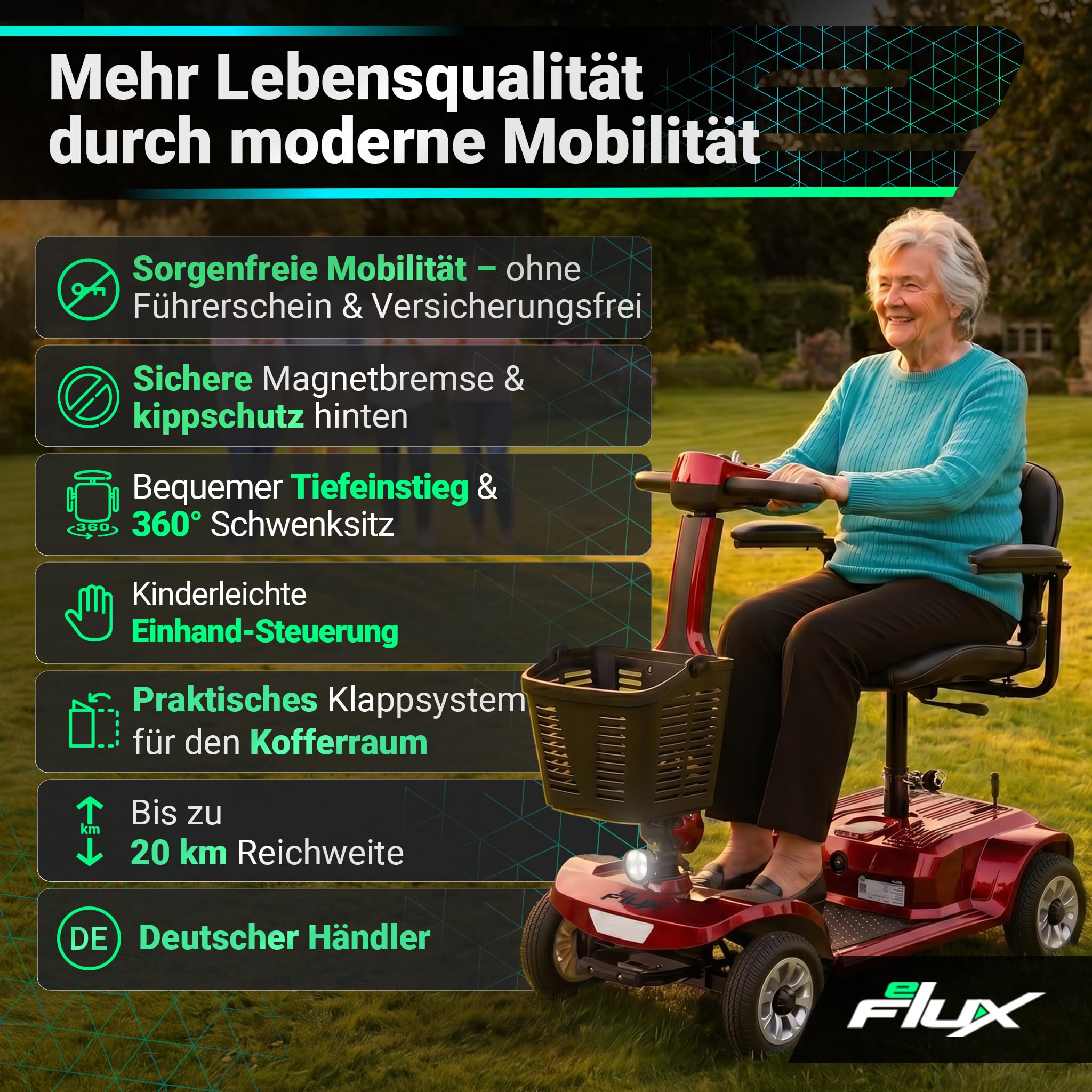 eFlux Seniorenmobil M1 | Elektromobil für Senioren klappbar - Bis 20 km Reichweite - Rollator - Rollstuhl elektrisch - Elektrorollstuhl - Seniorenroller (Rot)