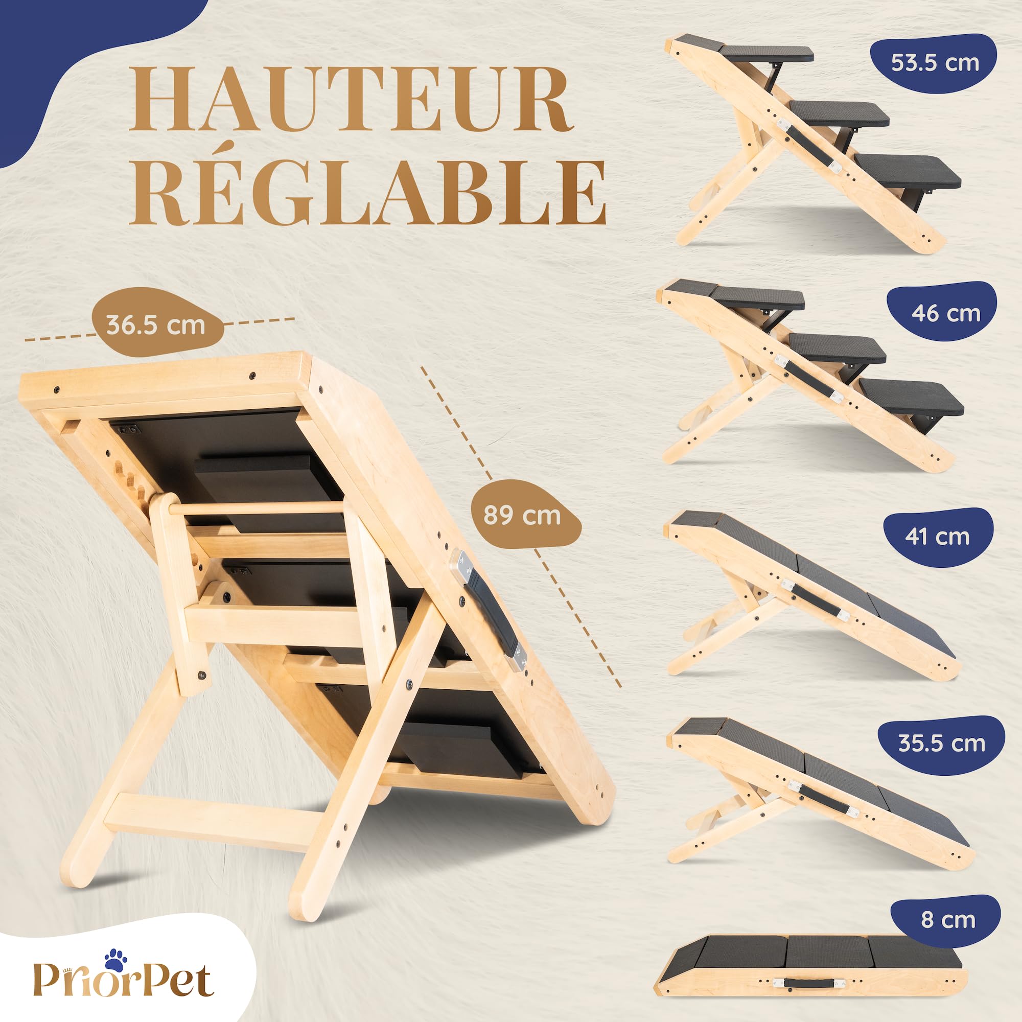 Escalier pour Chien canapé & lit 2-en-1 Rampe Chien réglable en Hauteur pour canapé 18-50 cm - Escalier pour Animal - Escalier Transport Facile avec Plateforme, Naturel