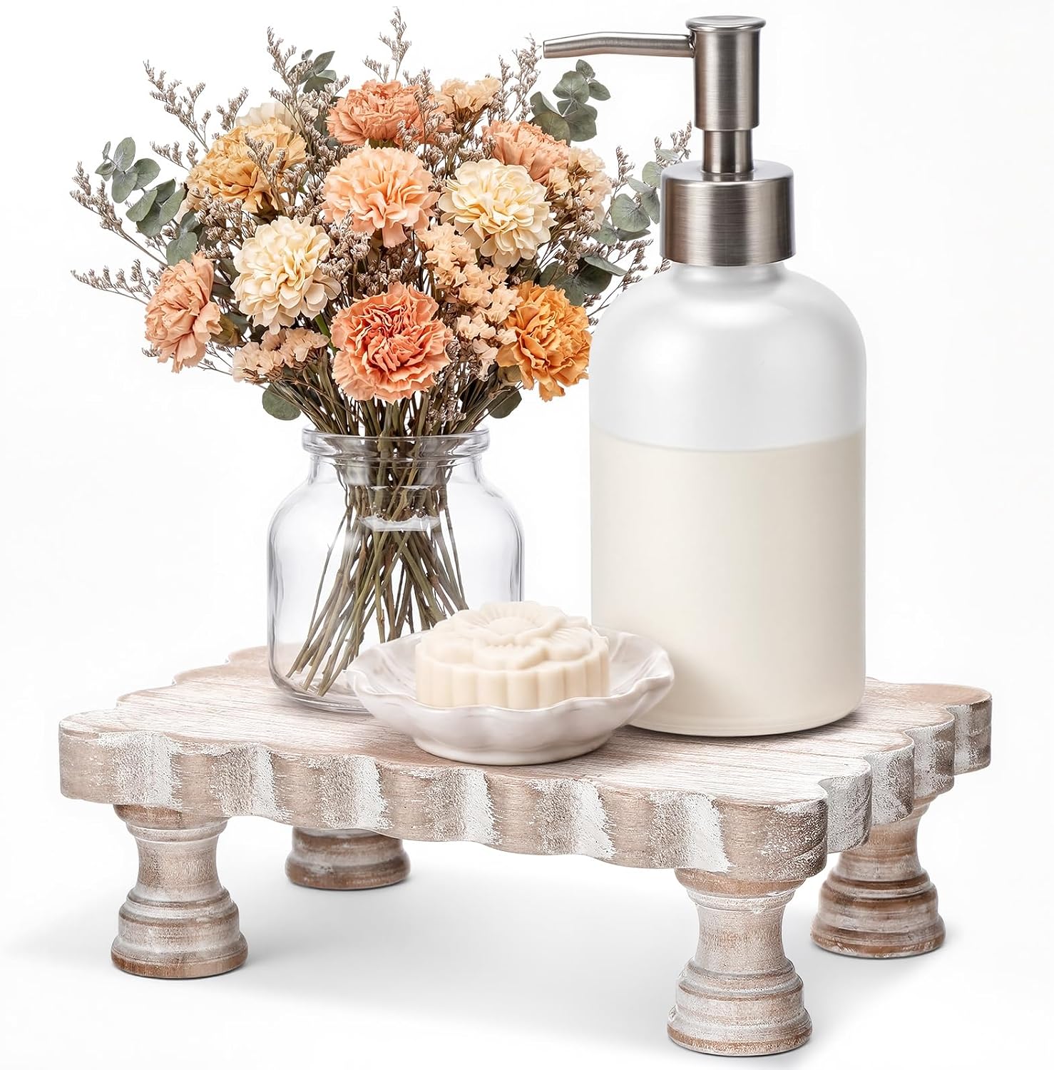 Rtteri Scalloped Wooden Riser Tray Farmhouse Room Decoration Scalloped Soap Stand Vintage Decorative Display Rustic Wooden Pedestal Stand 8.5''x 6''x 3'' for Home Bathroom Counter Tray Kitchen Decor
