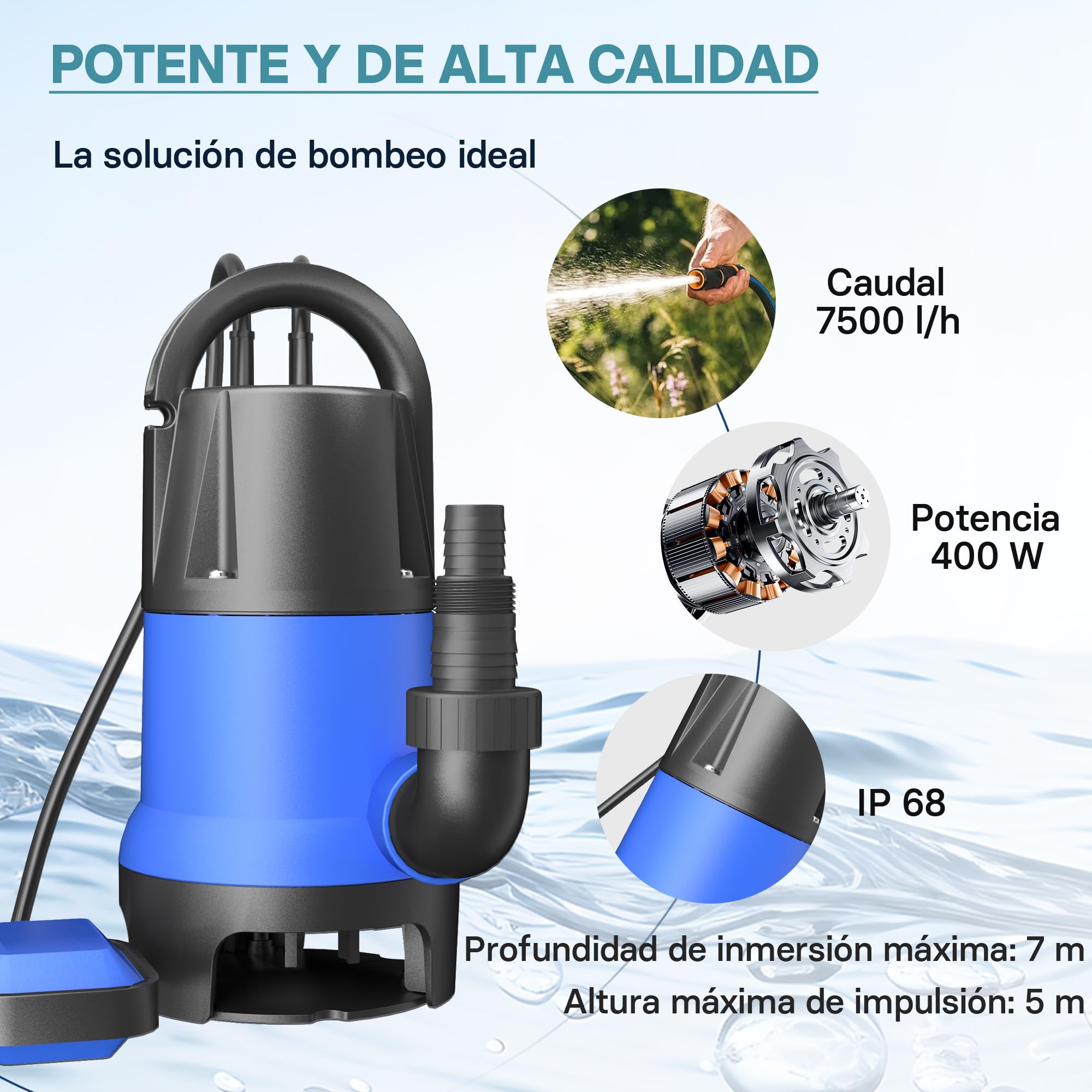 WilTec Bomba sumergible de Plástico para aguas sucias 400W 7500 litros/h Jardín Pozos Drenaje Bombeo agua Extracción agua