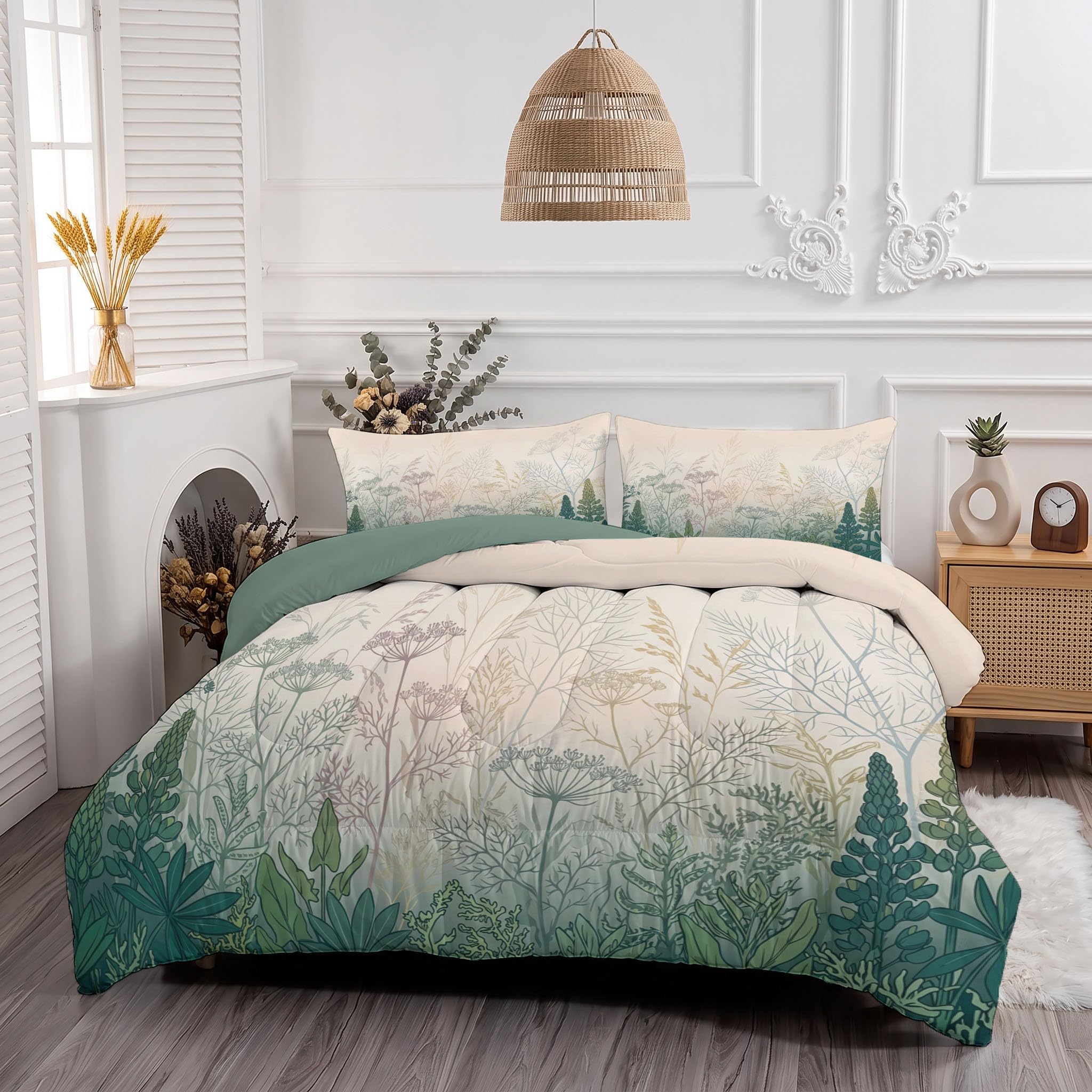Trapunta Piante Lineari Semplici, Piumino Singolo 4 Stagioni | 140X200 Cm Con Federa 50X80, Piumone Leggero In Microfibra, Trapunta Reversibile Prato Sfumata Ad Acquerello, Beige Ciano