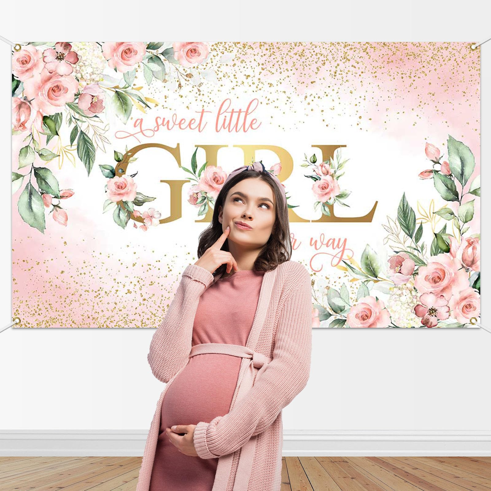 Avezano Girl Baby Shower Backdrop Banner A Sweet Little Girl is on Her Way Banner Decorations Pink Floral Girls Baby Shower Backgroud Banners Party Supplies 70.8 x 43.3 Inch - Image 4