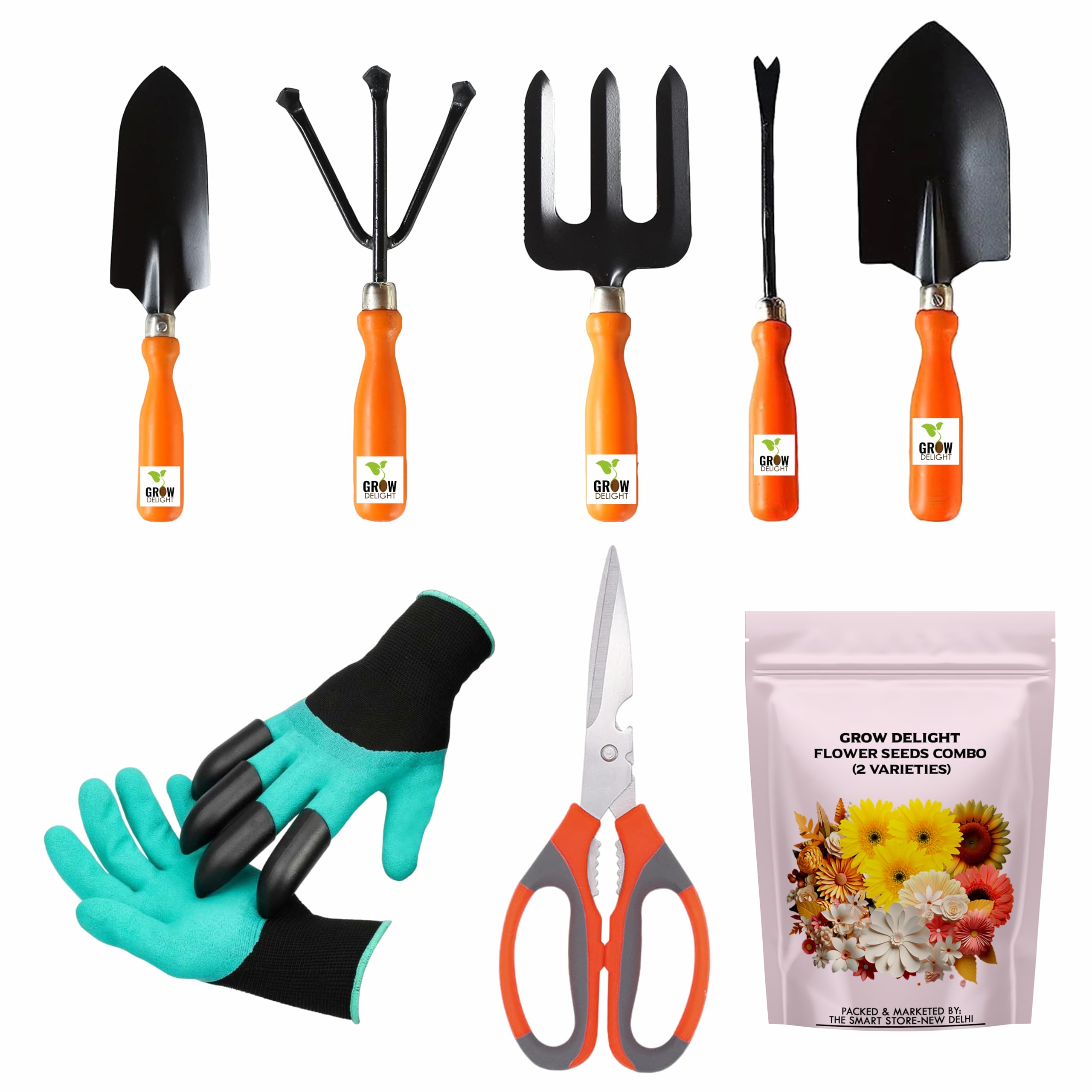 GROW DELIGHT Gardening Tools Kit-8 Pcs (Fork, Cultivator, Big Trowel, Small Trowel, Weeder, Garden Gloves with Claws, Garden Scissor, Flower Seeds Packet) | Durable Gardening Tools