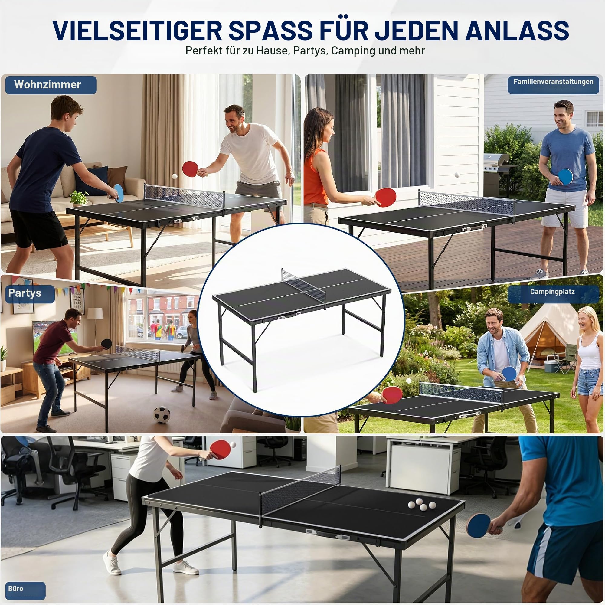 UISEBRT Mini Tischtennisplatte klappbar 152.5x76cm, MDF Tischplatte mit Metallgestell, komplettes Ping Pong Set mit 2 Schlägern 5 Bällen Netz Tasche, Indoor & wettergeschützter Outdoor Tisch