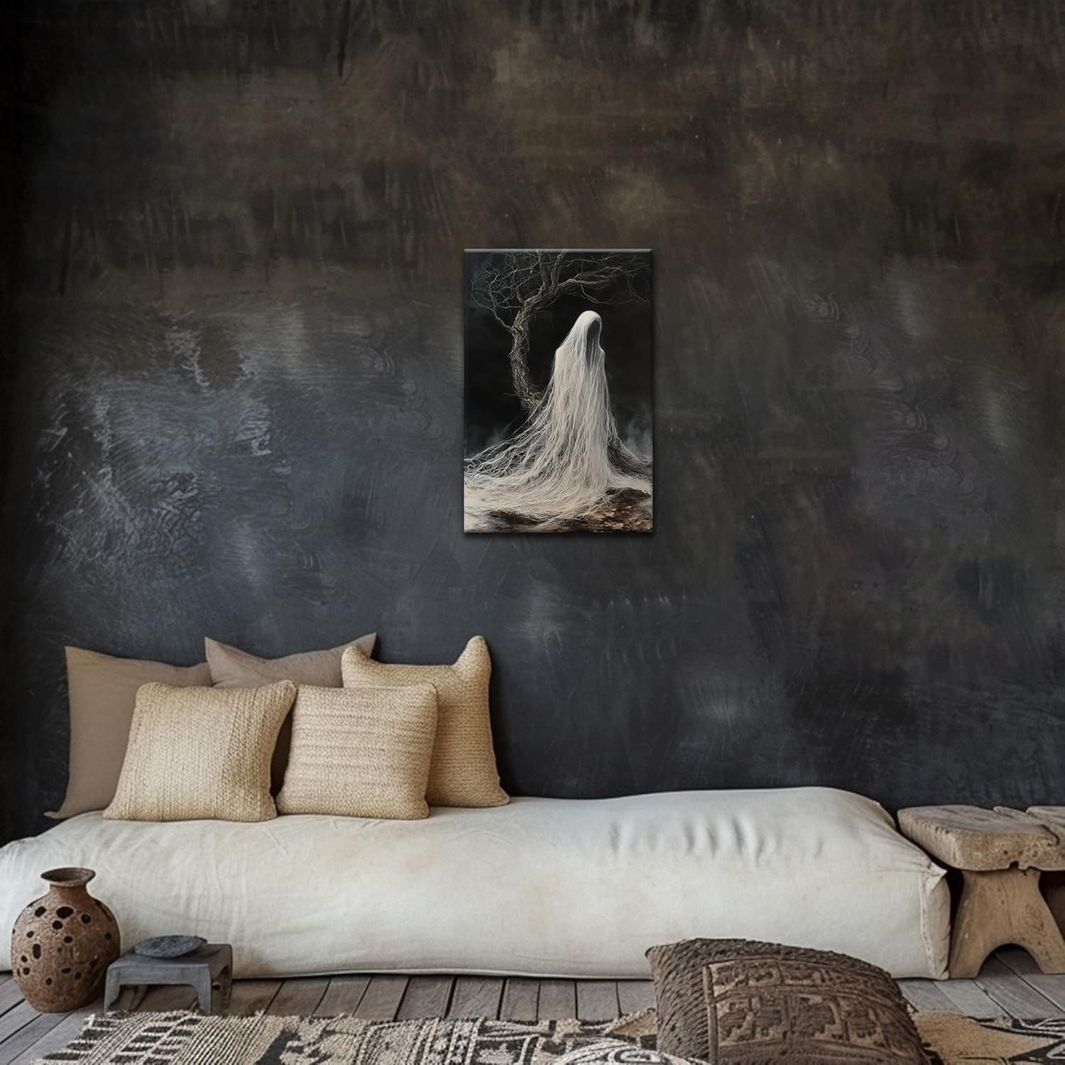 Halloween Canvas Wall Art, Vintage Witch in Forest Dark Academia Scary Gothic Painting Pictures for Bathroom Decor, Framed Creepy Ghost Spooky Aesthetic Posters Prints for Bedroom Artwork 18x24 Inches