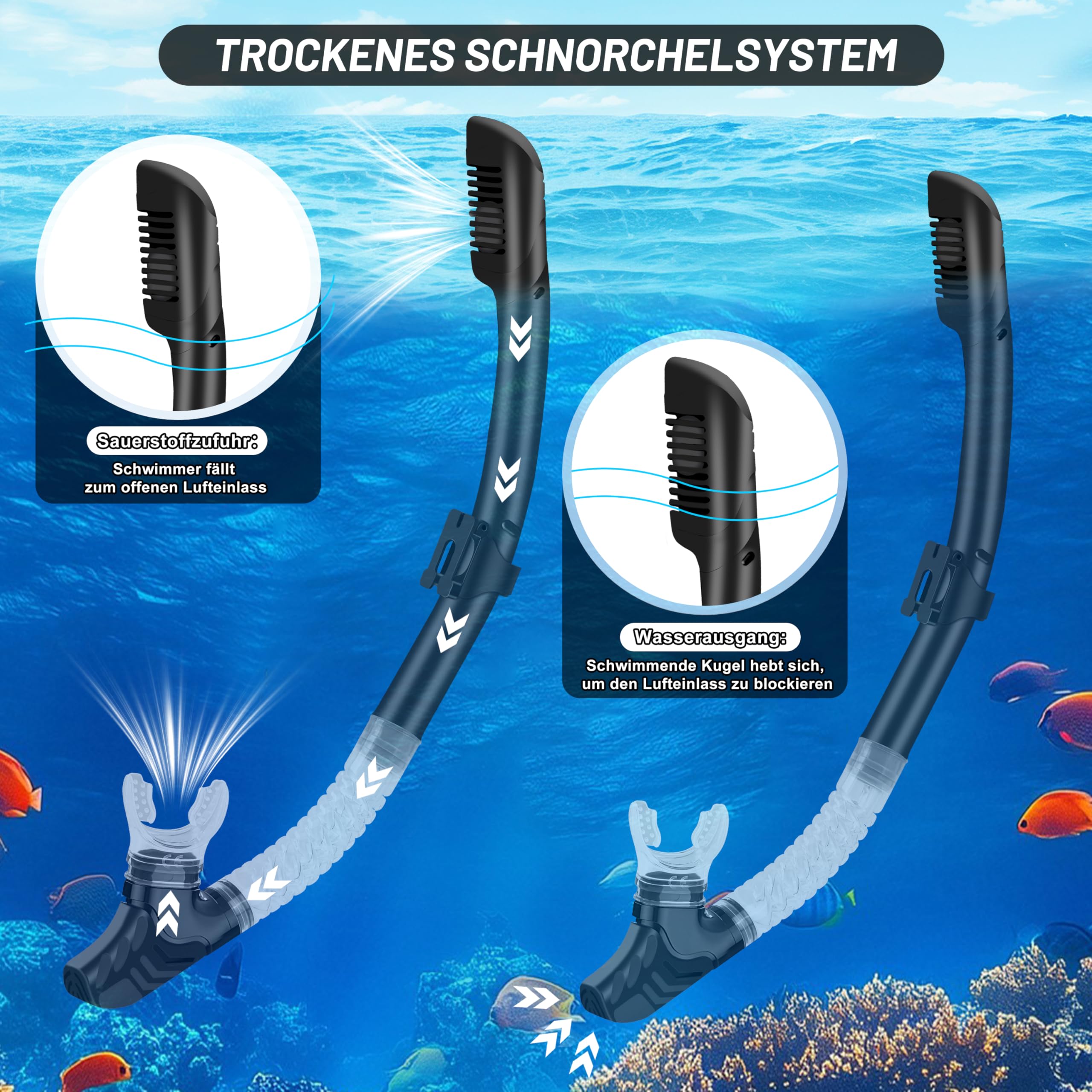 IEEILULU Schnorchelset Erwachsene, 7-teiliges Schnorchelausrüstung mit Anti-Fog Taucherbrille, Flossen, Trockenschnorchel, wasserdichte Handyhülle Ohrstopsel und Tragetasche