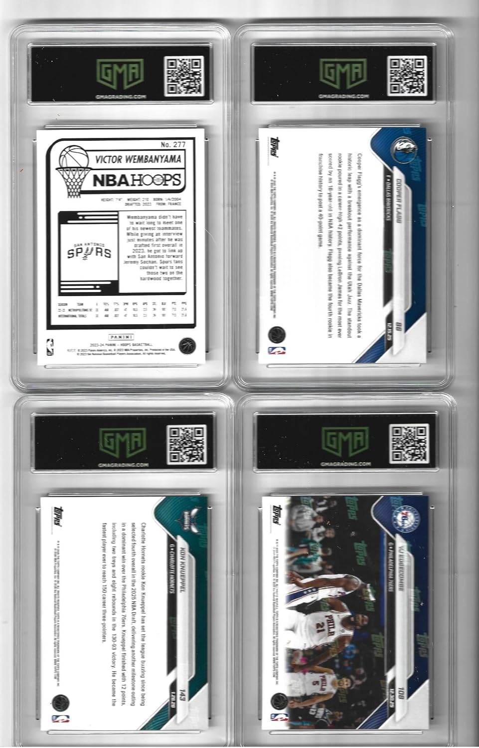 Graded Gem Mint 10 Victor Wembanyama Cooper Flagg Kon Knueppel and Vj Edgecombe 4 Card Basketball Rookie Lot Young Superstar PLayers. You Will Receieve All 4 Cards Shown