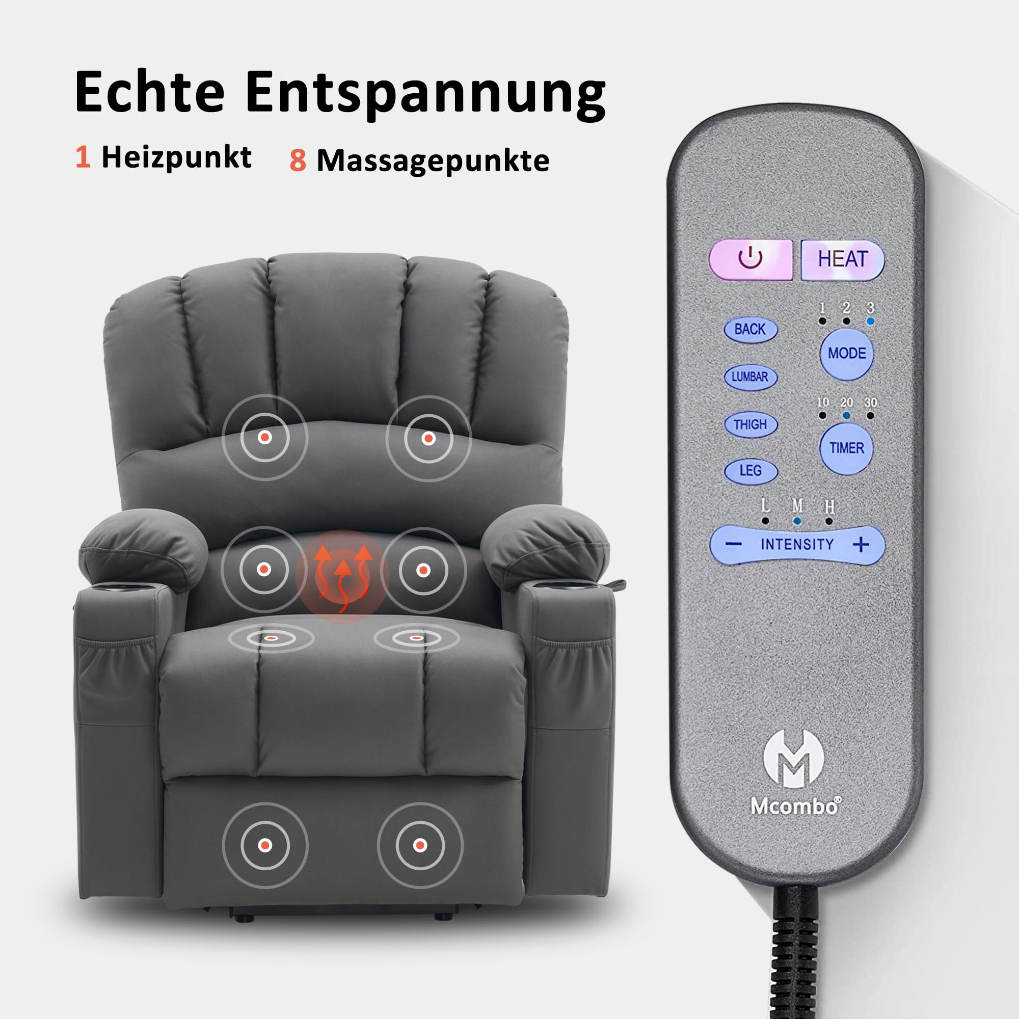 M MCombo Poltrona relax 7102 con supporto per alzarsi e sdraiarsi, regolabile elettricamente, con funzione di riscaldamento, per anziani e soggiorno, USB (tessuto in microfibra, grigio)