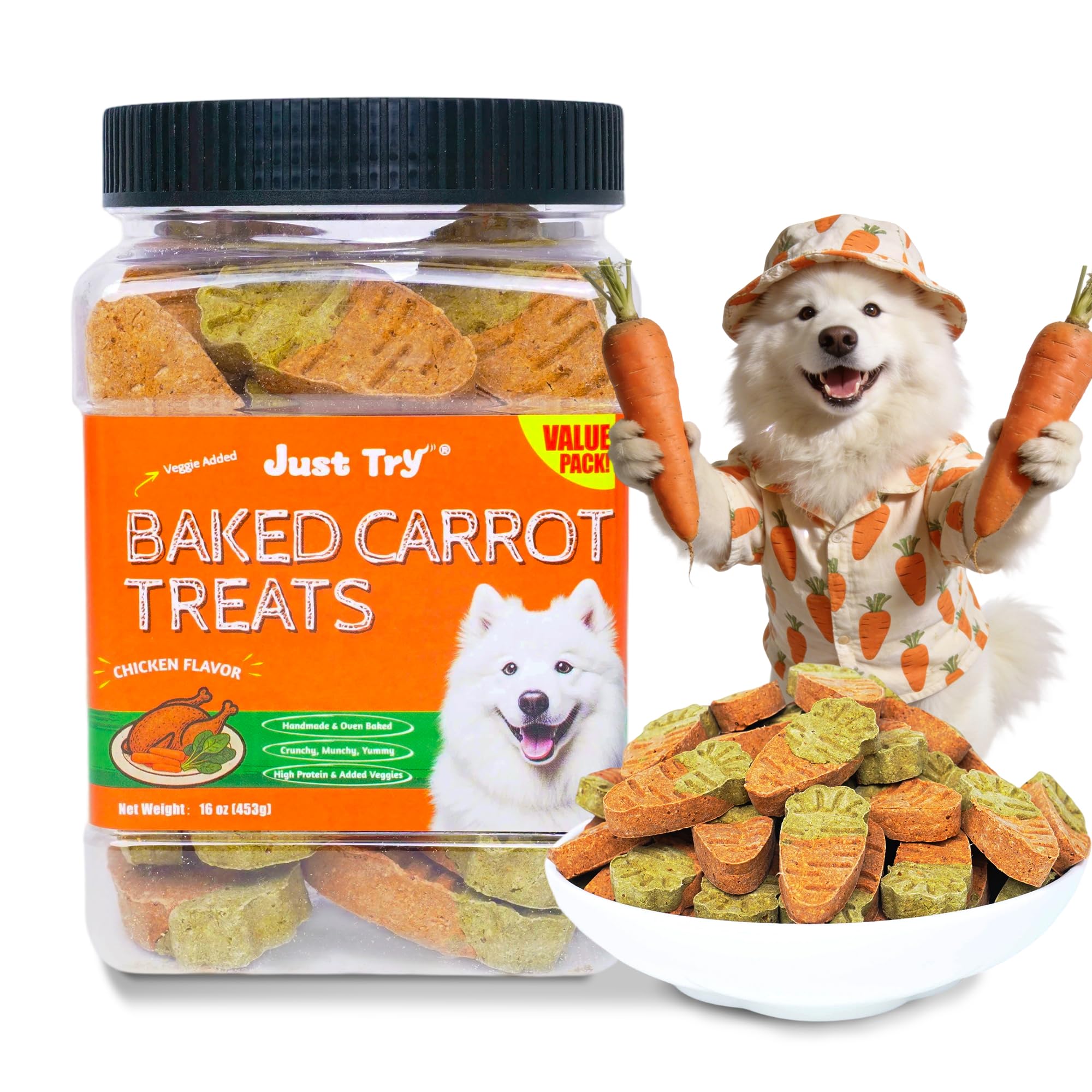 Just Try Baked Carrot Dog Treats, High Fiber, 453g