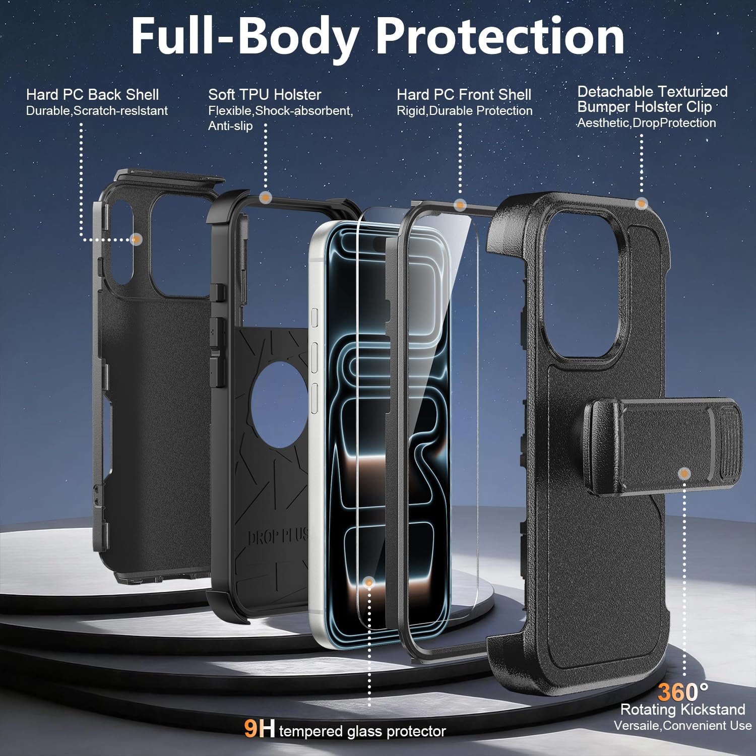 Custodia per iPhone 17 Pro Max con fondina con clip per cintura, 2 pellicole protettive per lo schermo, antiurto protezione contro le cadute, copertura integrale resistente a 3 strati militare robusta