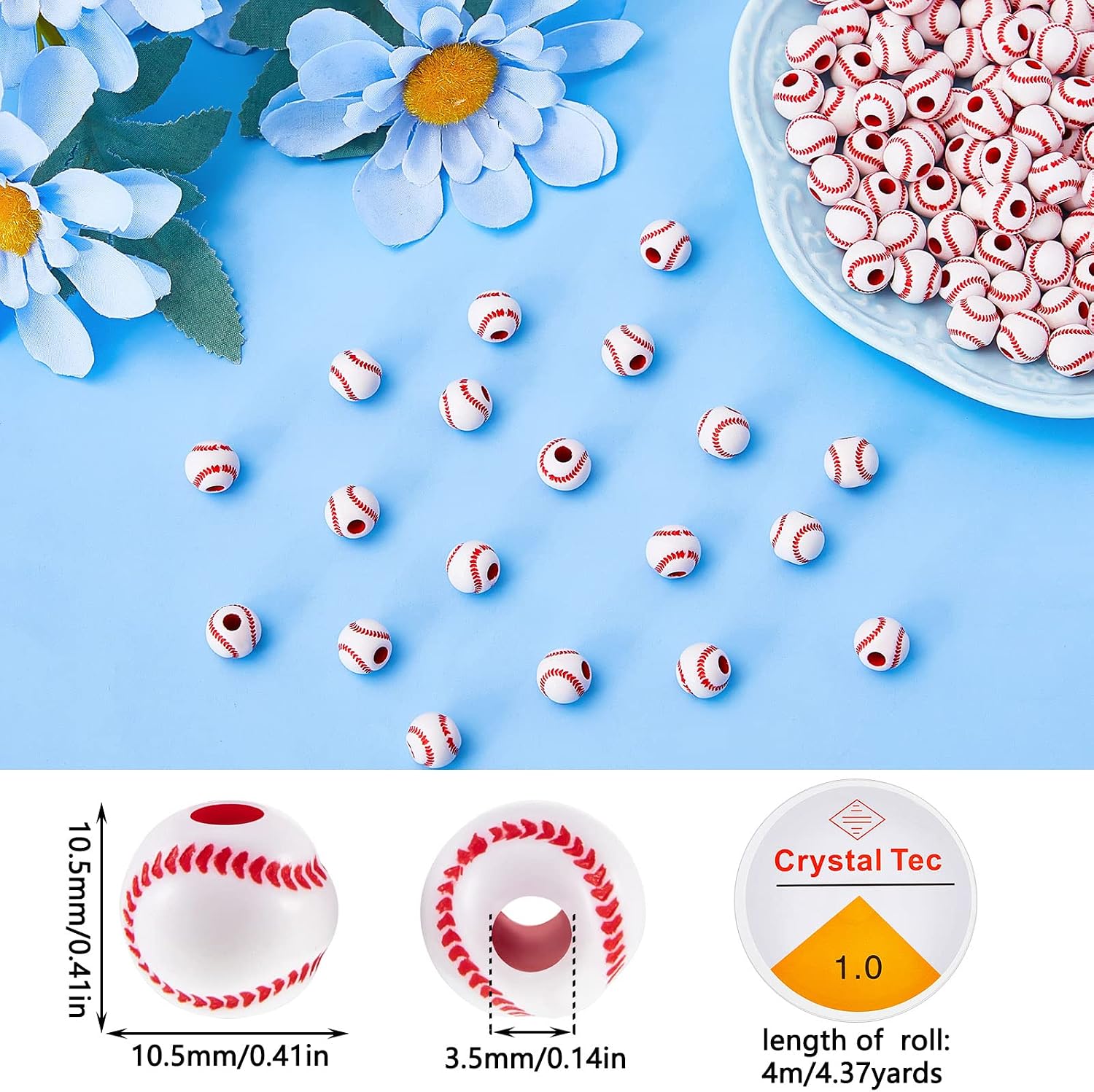 Taiyin 200 Pcs Baseball Beads with 1 Roll of Elastic Rope 10.5 mm Acrylic Beads for Jewelry Making Softball Sports Craft Supplies DIY Making (Baseball Style)