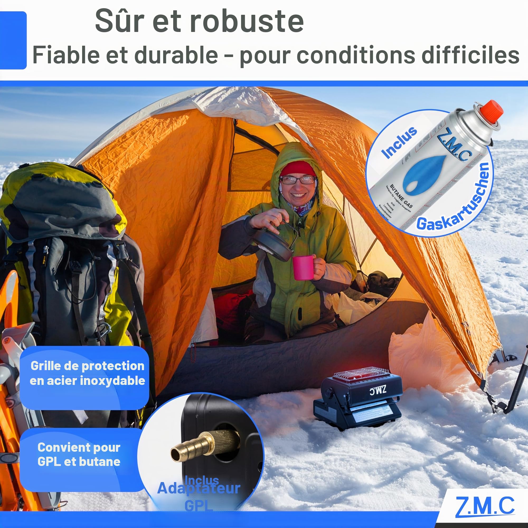 Z.M.C Chauffage à Gaz Portable 2 en 1 Avec Connexion GPL - Chauffage de Camping 1,3 kW Pour Extérieur, Mobile Avec Allumage Piézo