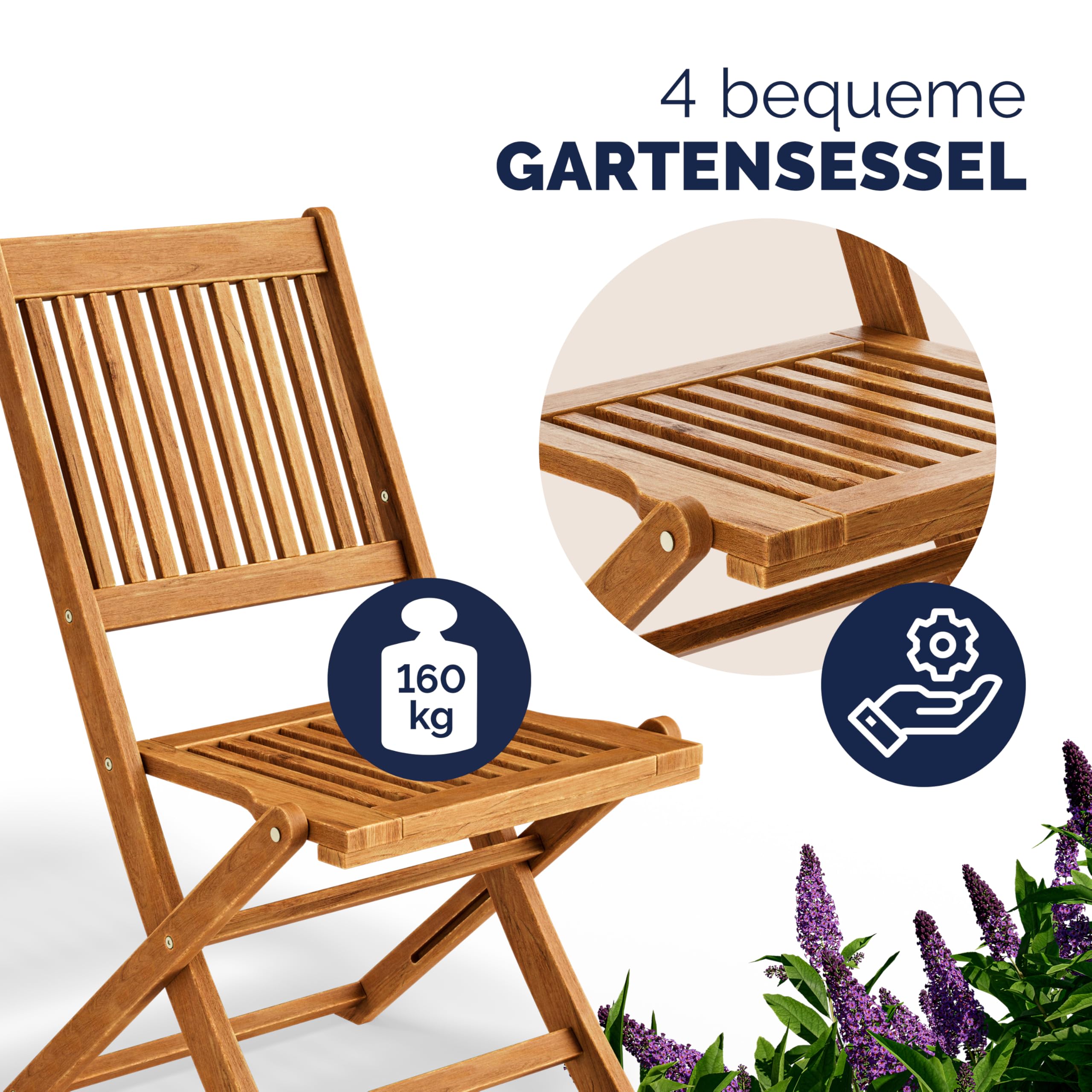 Casaria Set di Mobili da Giardino 5 Pezzi Modello 2026 Tavolo Extra Stabile Rinforzo Legno Acacia FSC 4 Sedie Pieghevoli