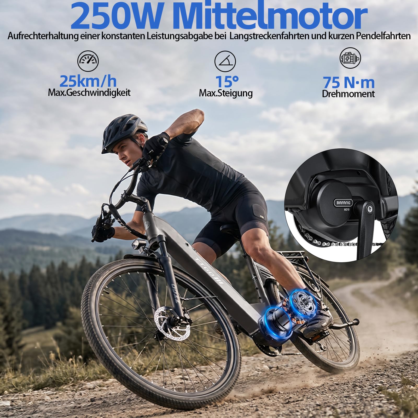 ttgo C7 SE Vélo électrique 28" pour homme et femme avec moteur central de 250 W, batterie 36 V 18 Ah, 9 vitesses jusqu'à 25 km/h, portée de 130 à 150 km, freins à disque hydrauliques