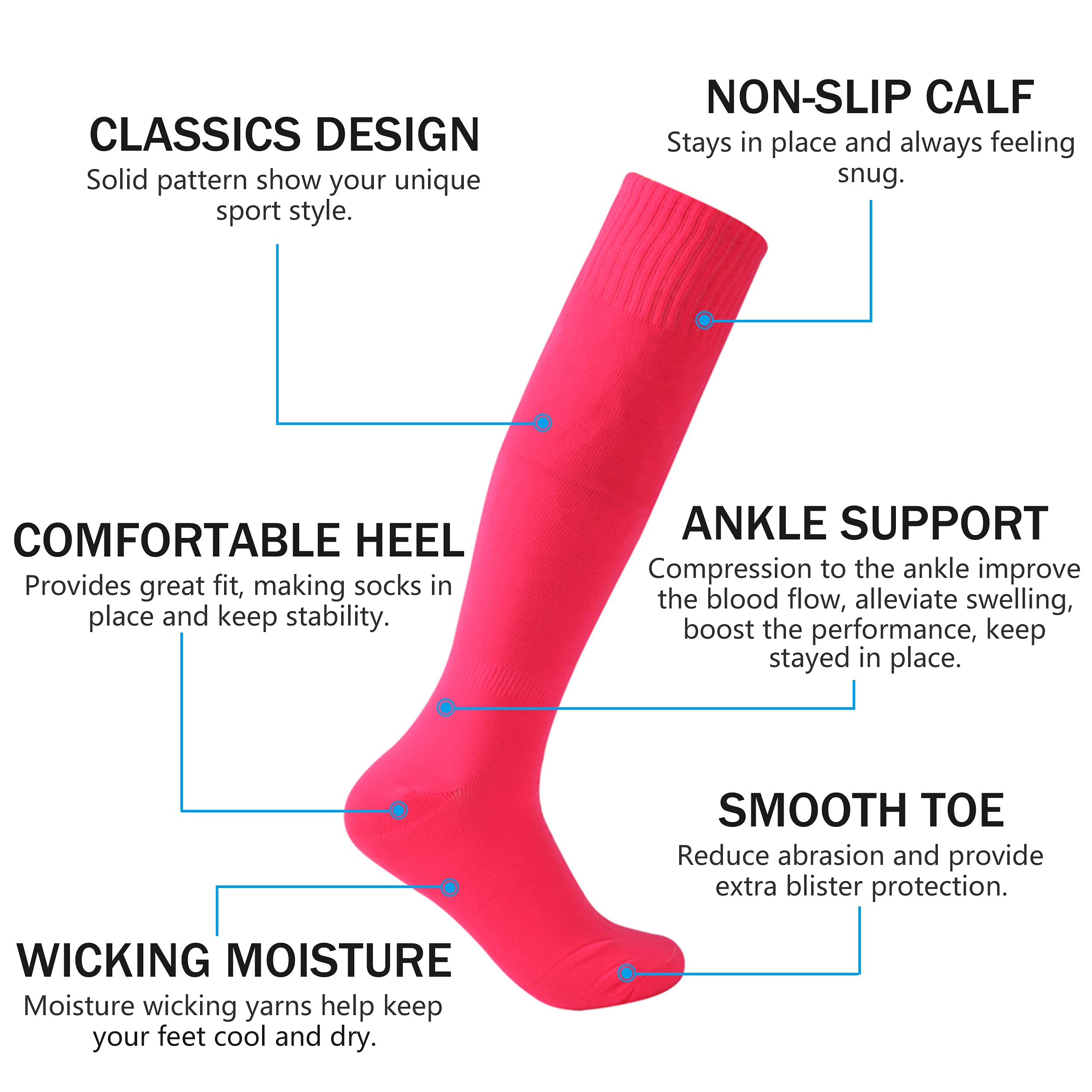Fußballsocken für Herren, Jungen, sportliche Kompression, kniehoch, Fußballsocken, 2 Paar, Rosa, 2 Rosa, Einheitsgröße