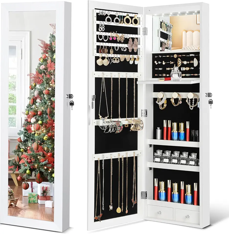 JOYUSAEN JOYUSAEN Mirror Jewelry Organizer, Wall/Door Mounted Jewelry Armoire with Full-Length Mirror,Hanging Jewelry Cabinet with LED Interior Lights, White