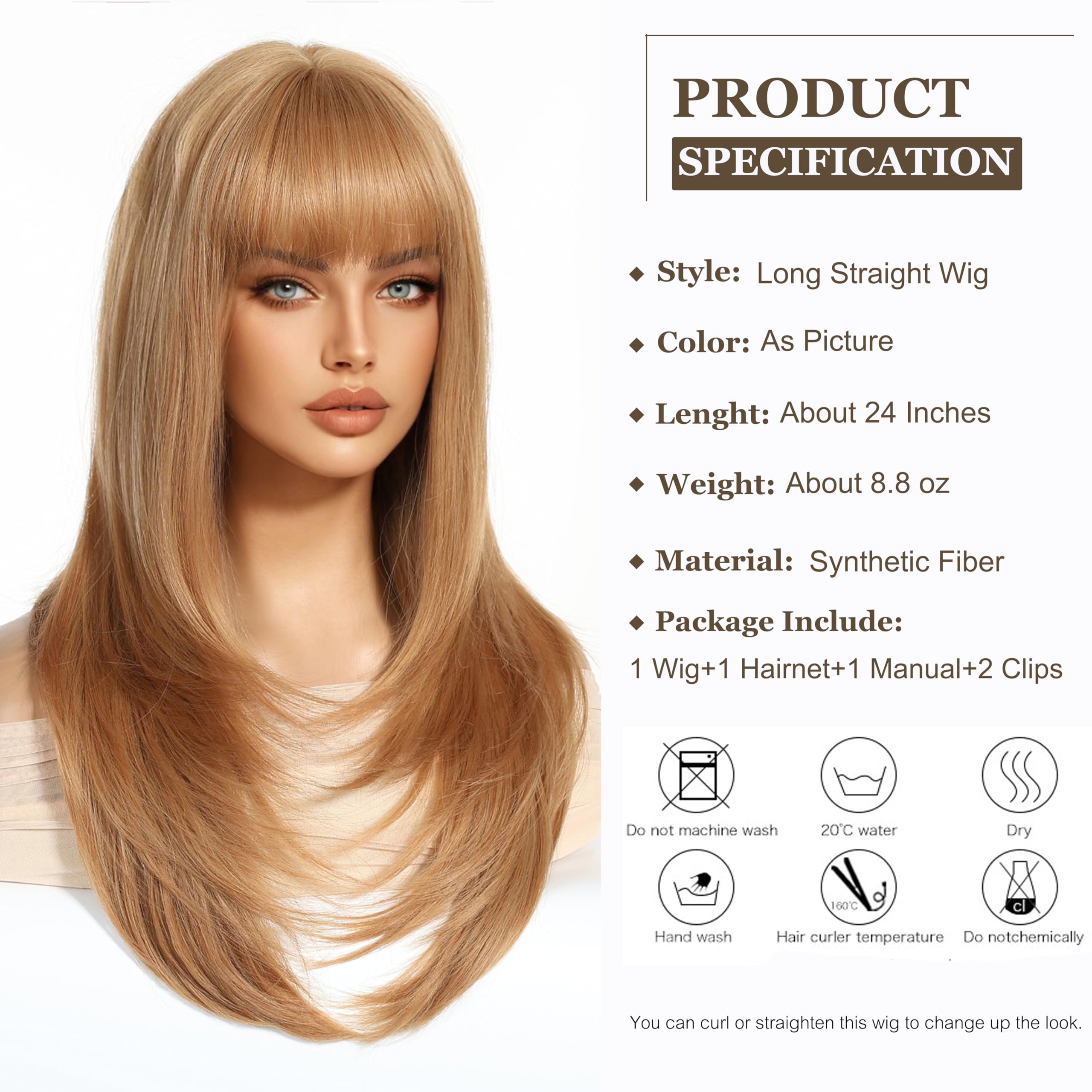 Esmee Long Straight Strawberry Blonde Wigs for Women with Fringe Natural Synthetic Hair Wig for Daily & Party Use - Image 2