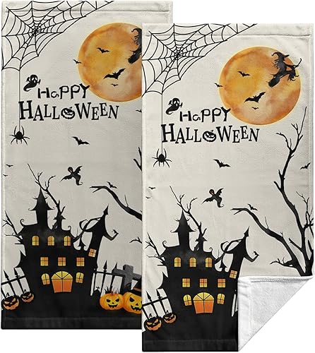 Juego de 2 toallas de mano de castillo espeluznante de Halloween, calabazas abucheadas, fantasma, paños de cocina de murciélago, telaraña, tela de