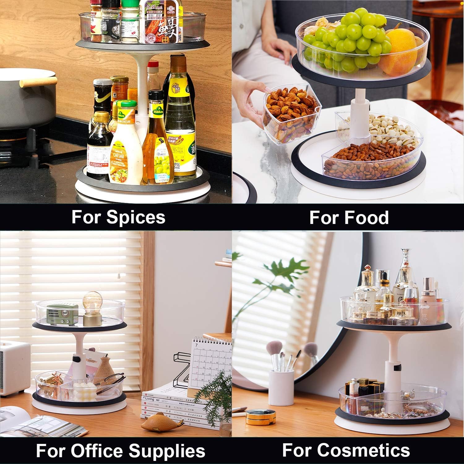 2 Tier Lazy Susan Turntable Kitchen Spice Rack Organizer for Cabinet Rotating Carousel Lazy Susan for Table Spice Storage Pantry Organization Height Adjust & Detachable Large Plastic Clear Bins
