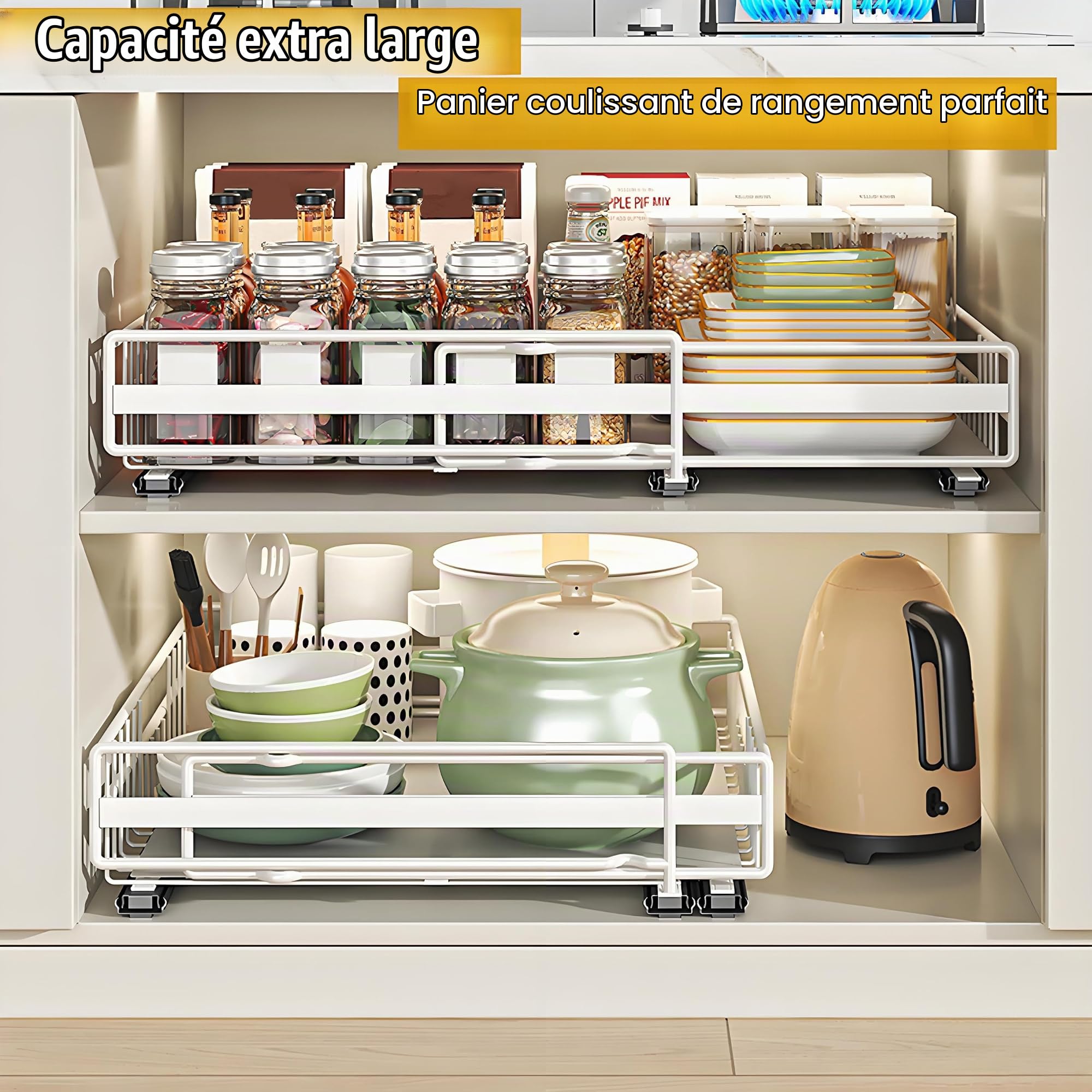 Lot de 2 Organiseurs Tiroirs Coulissants Cuisine Avec Adhésif | Largeur Réglables Extensibles à 3 Rails Coulissants Organisateurs Placard Extensibles, Autocollants/Forage (Blanc) (M+L-Set)