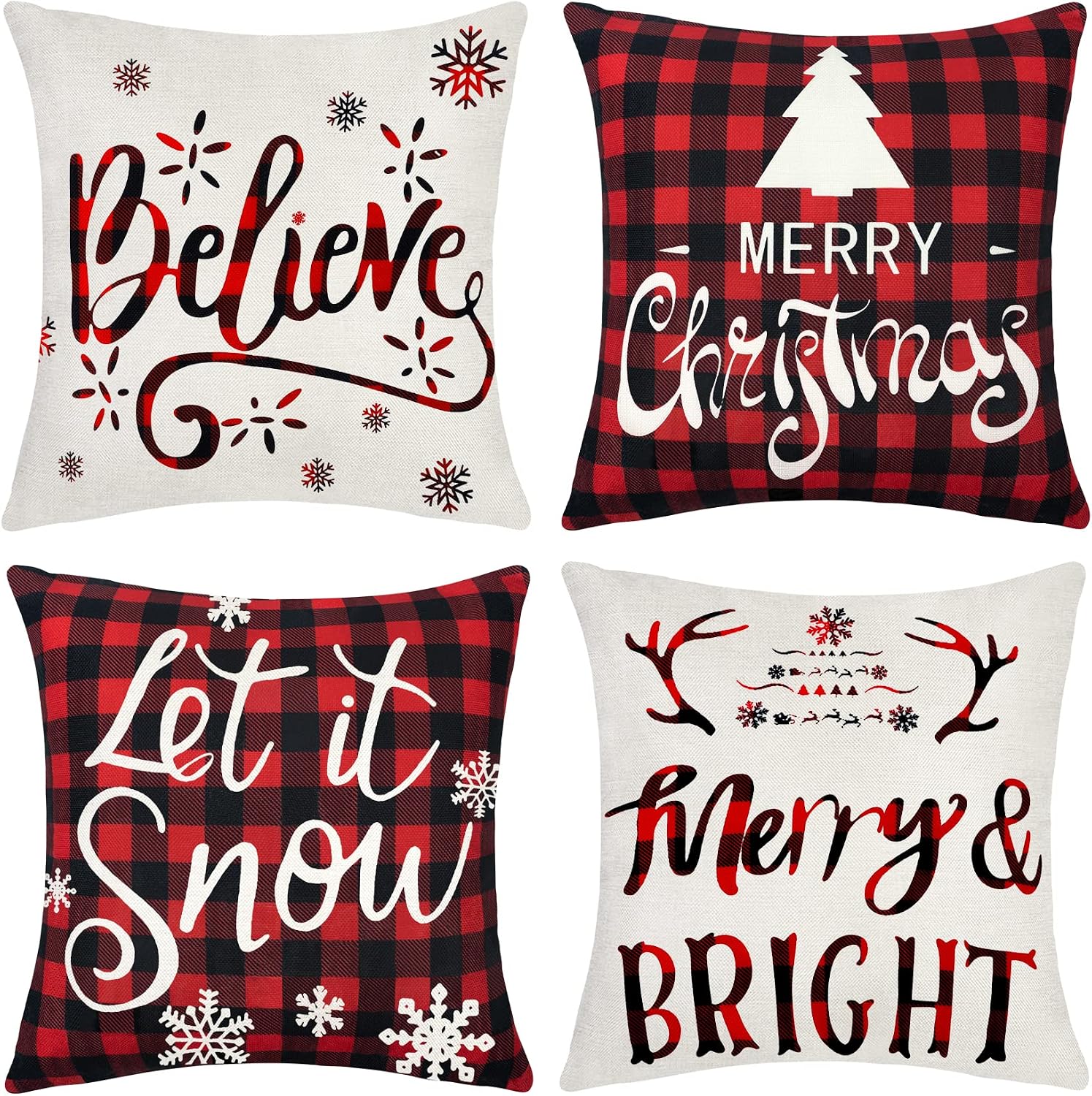 Ouddy 4Pcs Christmas Pillow Covers 18x18, Holiday Pillow Covers Farmhouse Merry Christmas Throw Pillows Quotes Saying Tree Snowflake for ElK Linen Cushion Cases for Sofa Winter Home Decor