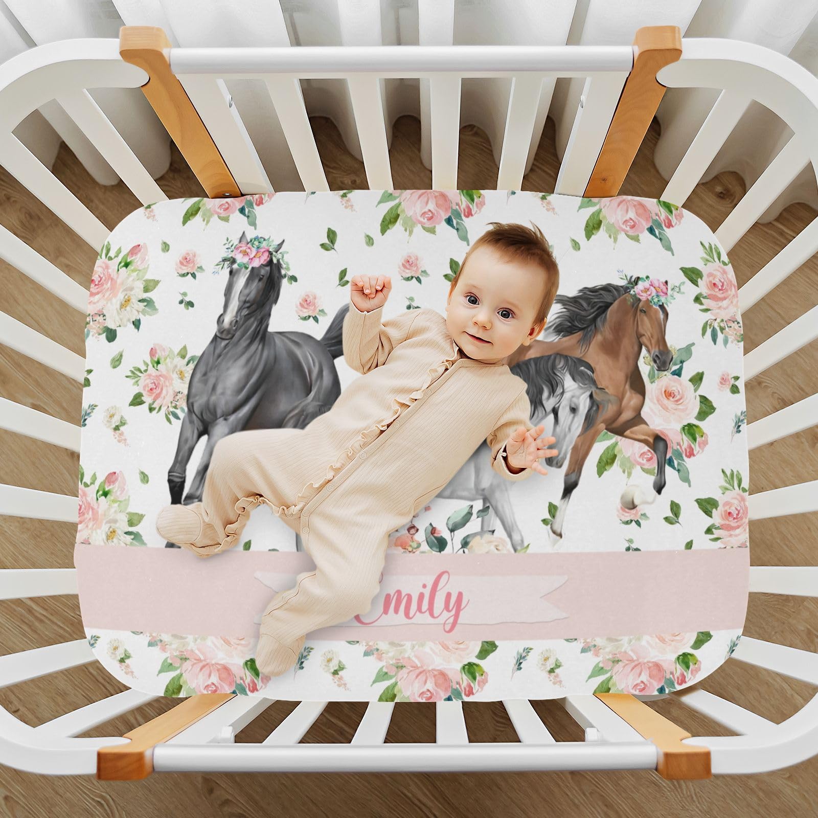 Personalized Mini Crib Sheets with Name, Custom Name Baby Pack and Play Sheets for Baby Girls, Name Pack n Play, Floral Horse Fitted Sheet with Name, Soft and Breathable Material