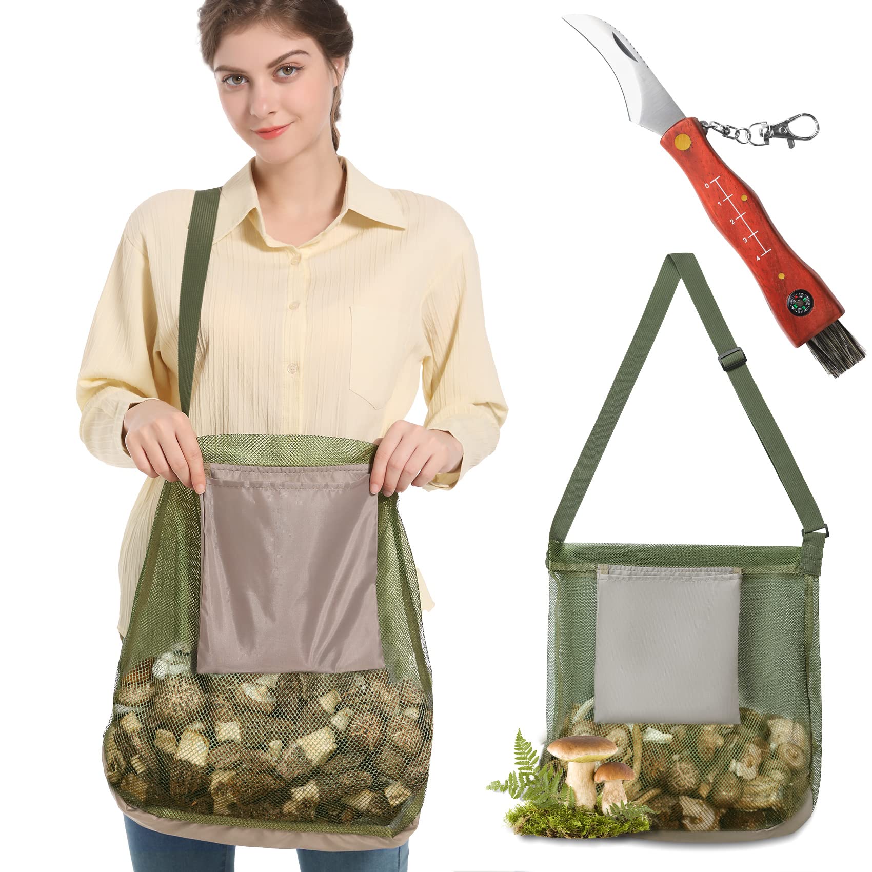 Mushroom Foraging Bag (17x16 Inches) - Foraging Kit With Mesh Bag & Knife, Adjustable Shoulder Strap, Mushroom Basket With Smartphone Pocket - Mushroom Hunting Bag, Ideal Gift For Mushroom Foragers