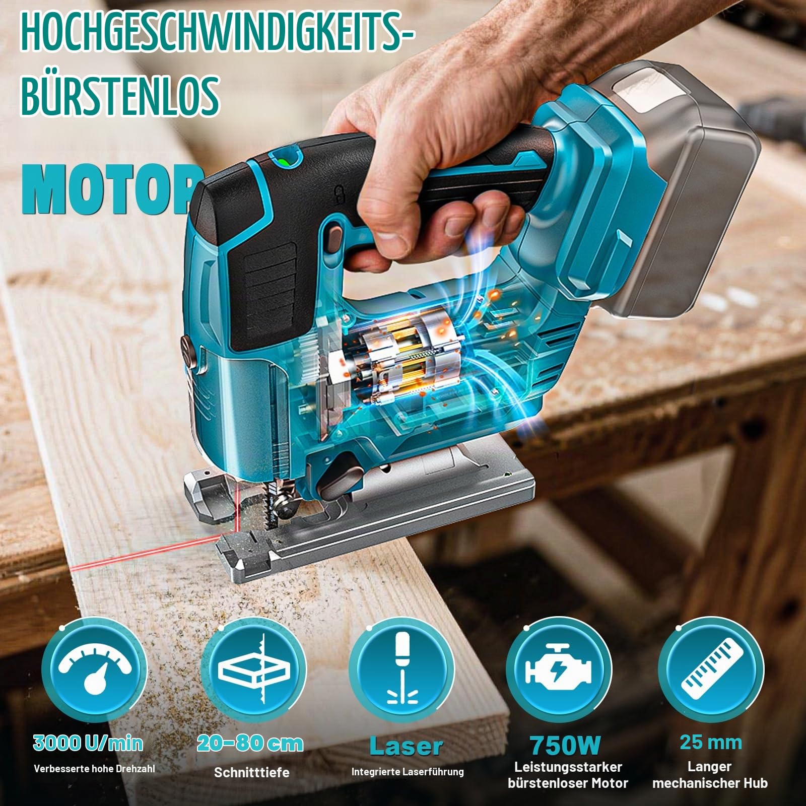 Ecarke Akku-Stichsäge mit Laser kompatibel mit Makita 18V (ohne Akku)
