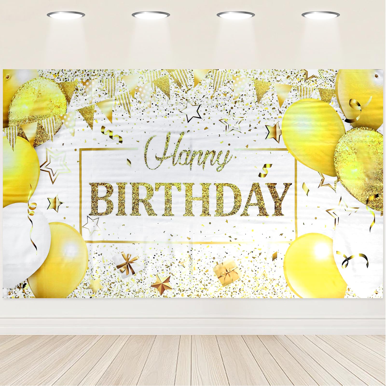 Oblihumoy Gold Happy Birthday Banner, Extra Large Fabric Backdrop for Party Supplies, 71 x 43 Inch Birthday Sign Photo Booth Background Home Outdoor Decorations