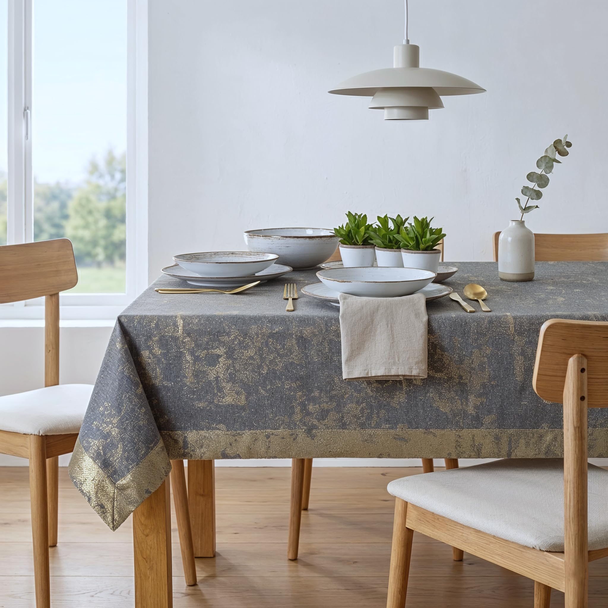 Tischdecke Grau Gold 140x220 - modernes Tischtuch aus Polyester mit Goldakzenten, wasserabweisend mit Lotuseffekt, hochwertiger Kuvertsaum 5 cm, Fleckschutz, pflegeleicht - O5-6112-2502-Z
