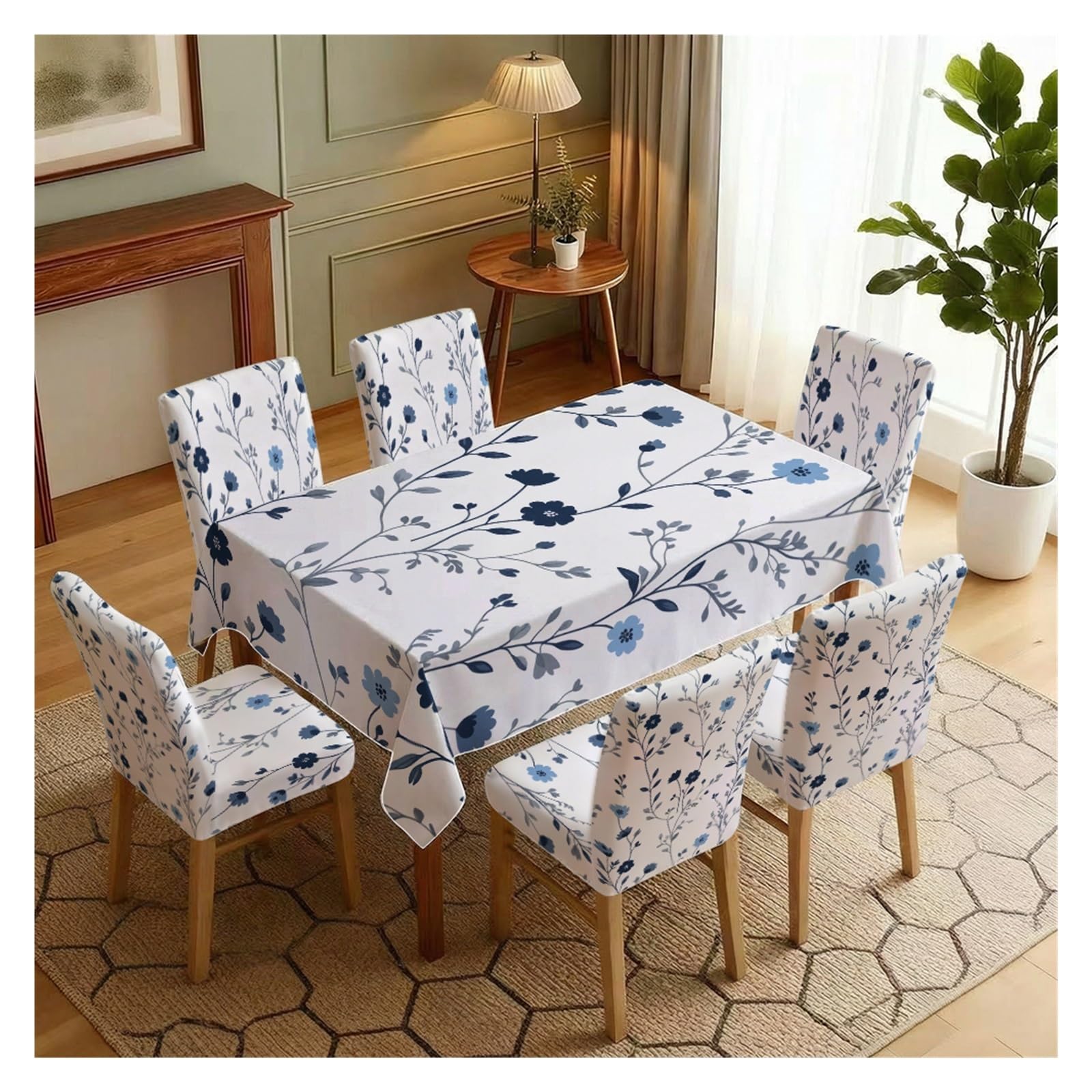 KXUAUV Blue Floral Vine Print Dining Tablecloth & Chair Cover Set, 5/7 Piece Botanical Slipcovers For Dining Kitchen Home Party Decor(7pcs Set: Tablecloth+Chair Covers)