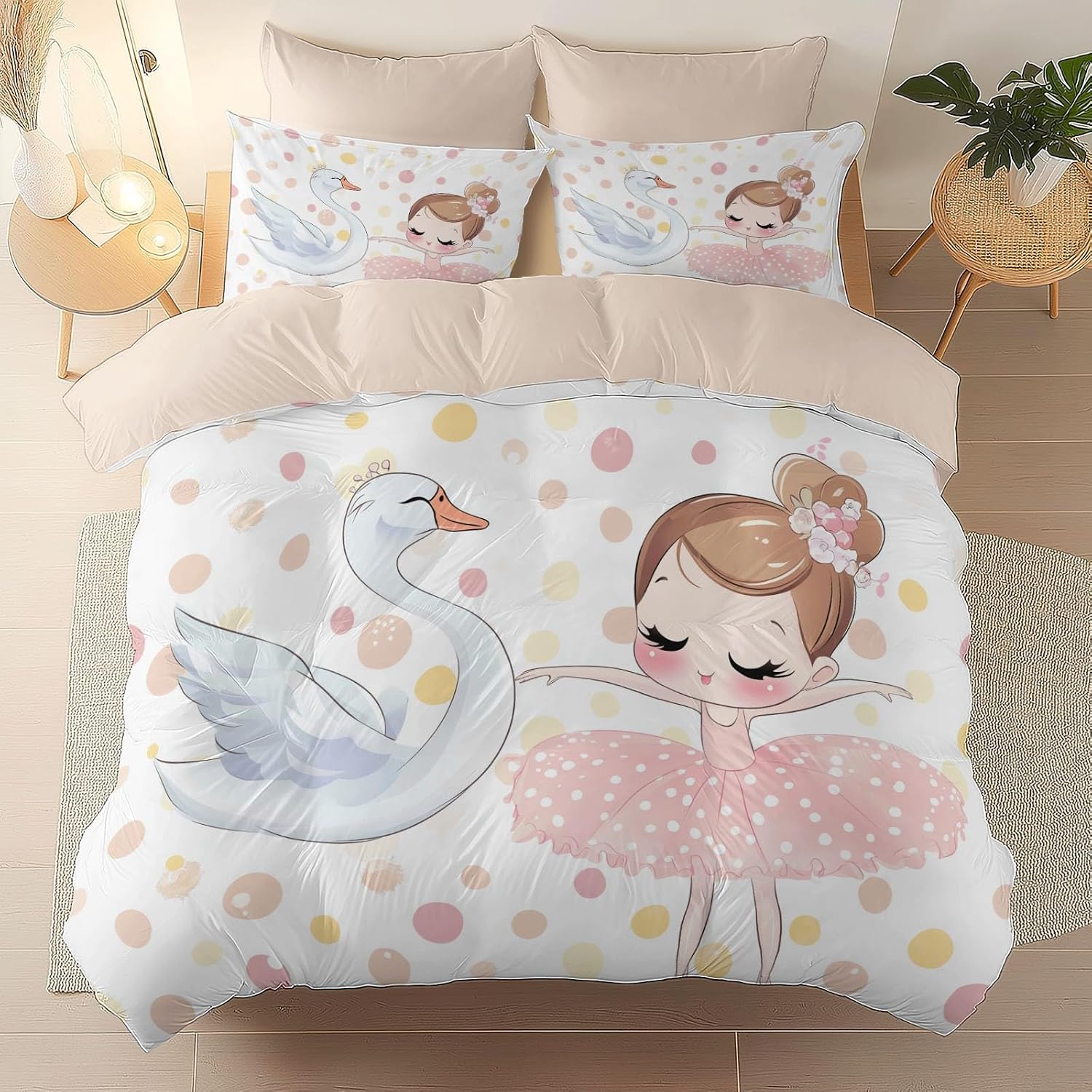 Duvet Cover Queen Size Cartoon Swan Girl Printed on Pink Comforter Cover Reversible Bedding Set with Zipper Closure 3Pcs Soft Breathable Microfiber Quilt Cover